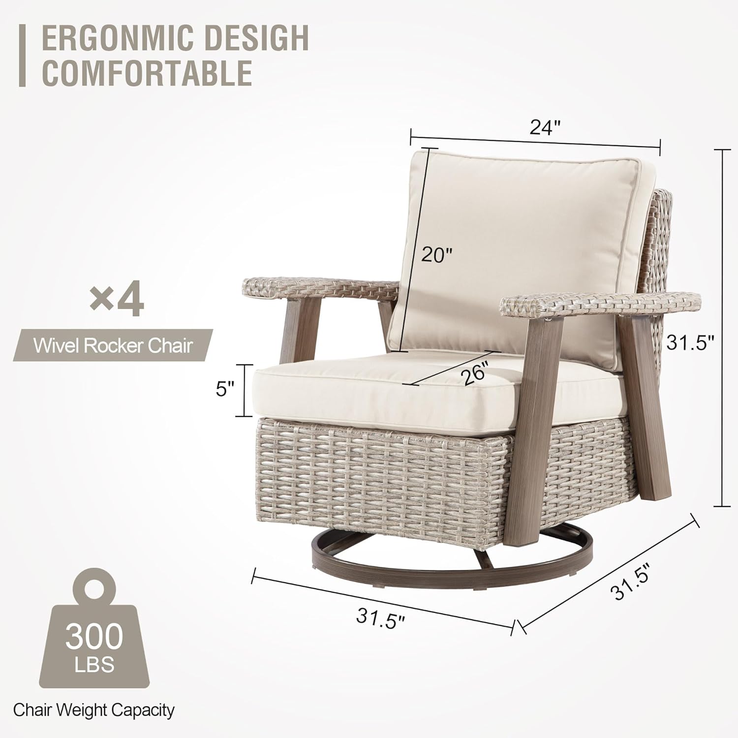 Outdoor Swivel Rocking Chairs Set of 4, 360°Wicker Rcoker Patio Rattan Chairs Patio Furniture Set, Patio Conversation Set with Covered Cushion for Porch Deck Balcony Garden.