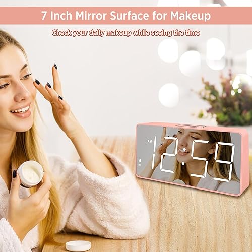 Miniatura 46 de Peakeep Reloj digital, reloj despertador alimentado por batería para dormitorios, esfera de espejo, números grandes, 6 atenuadores para personas Aqua