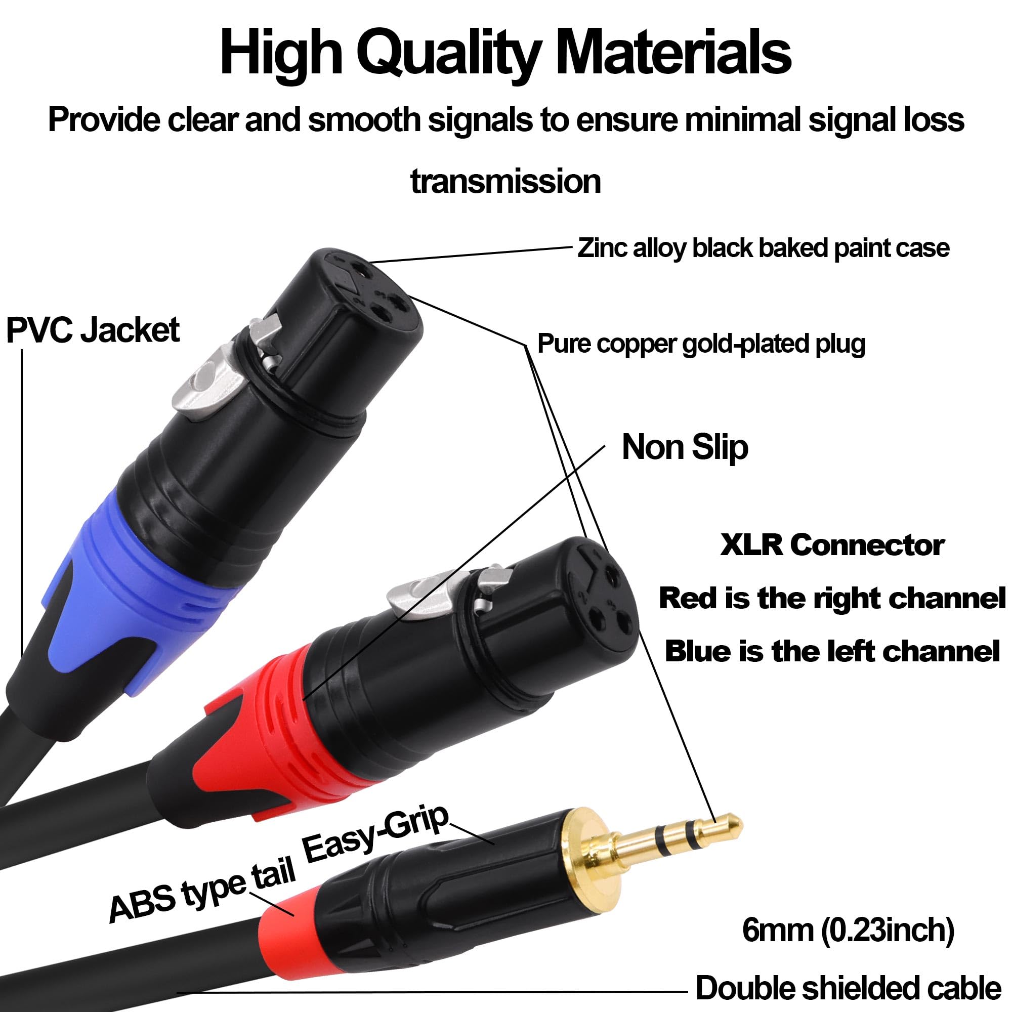 3,5 mm 1/8 TRS auf Dual-XLR-Y-Splitter-Audiokabel, 2 XLR-Buchse auf 1/8-Zoll-Stecker, TRS-Stereo-Aux-Adapter, Interconnect Breakout-Patchkabel für Mikrofon, Smartphone, Laptop, 1 m