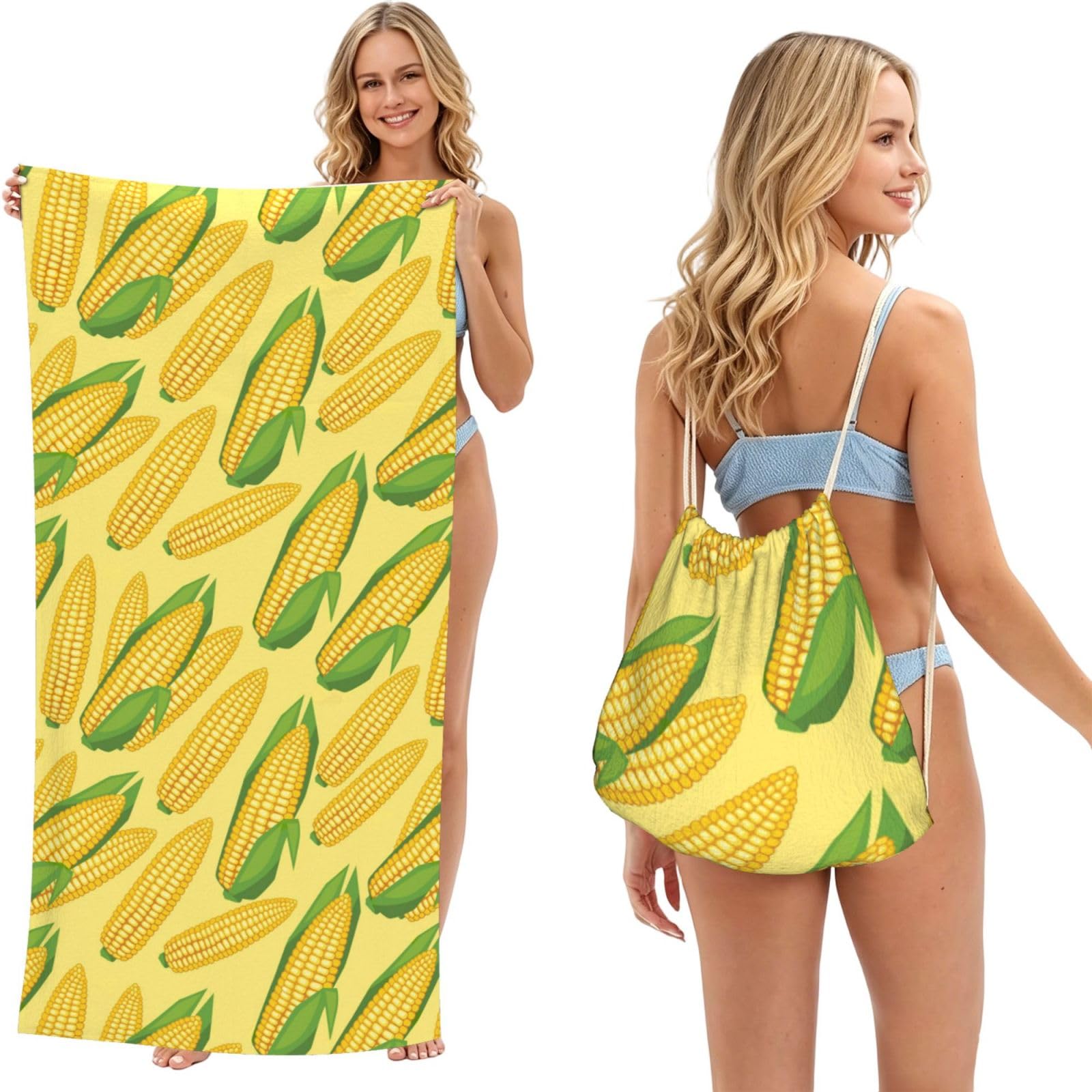 Poadnly As Picture Fresh Ripe Corn Cobs, 2 In 1 Packable Towel Bag, Beach Towels With Drawstring Backpack For Travel Holiday Camping