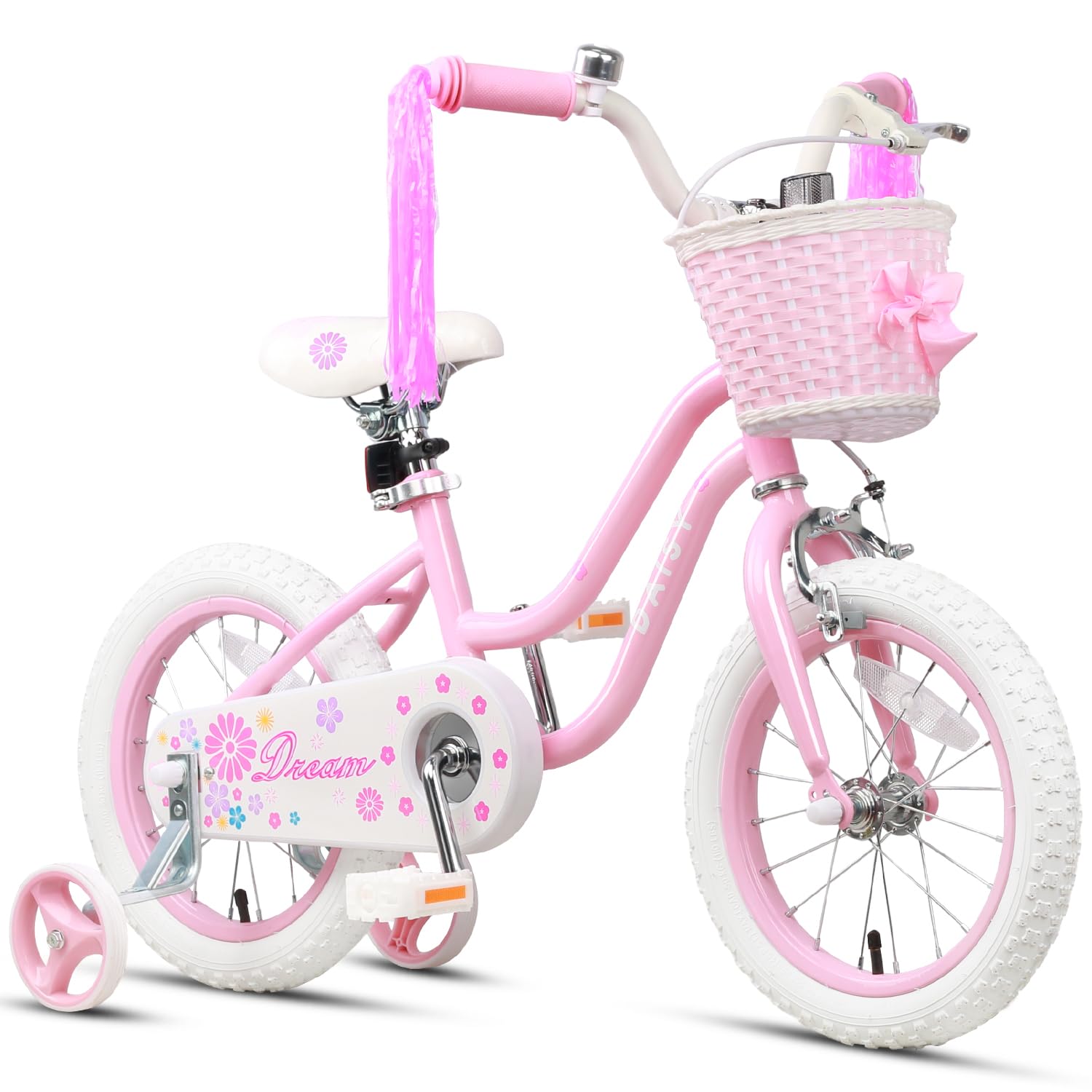 Daisy Girls Bike, 14 Inch Kids Bike for Ages 3-5 Years Old Children, Princess Style Kids Bicycle with Training Wheels & Basket & Streamers, Pink
