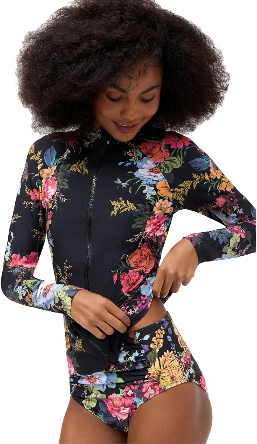 Johnny Was Baccara Long Surf Shirt Swim Pink Floral Zip Rash Guard Black Top New