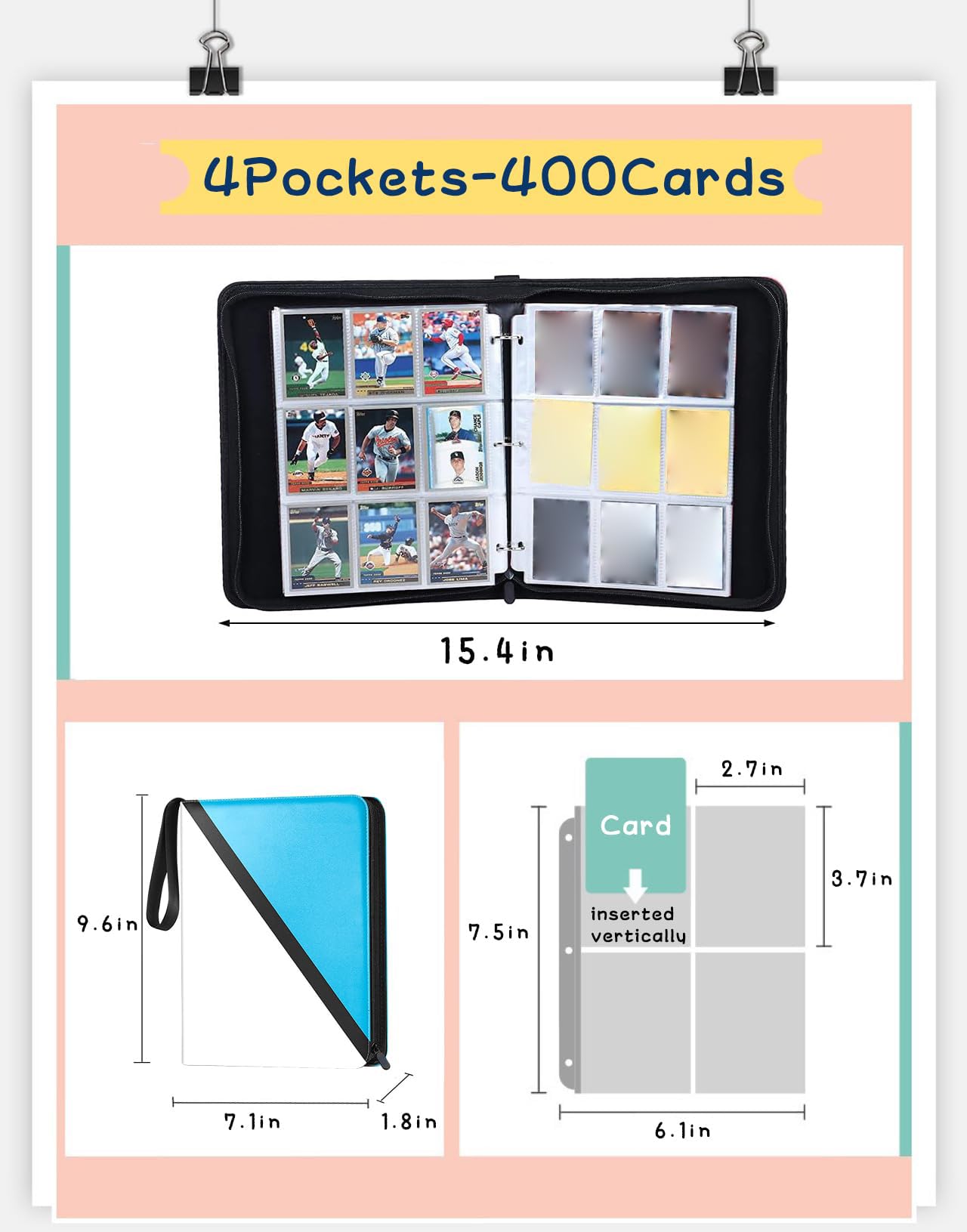 Kartenbinder mit 4 Taschen - Hält bis zu 400 Karten, Sammelkarten Sammlung Etui Buch (Blau, 4 Taschen/400 Karten)