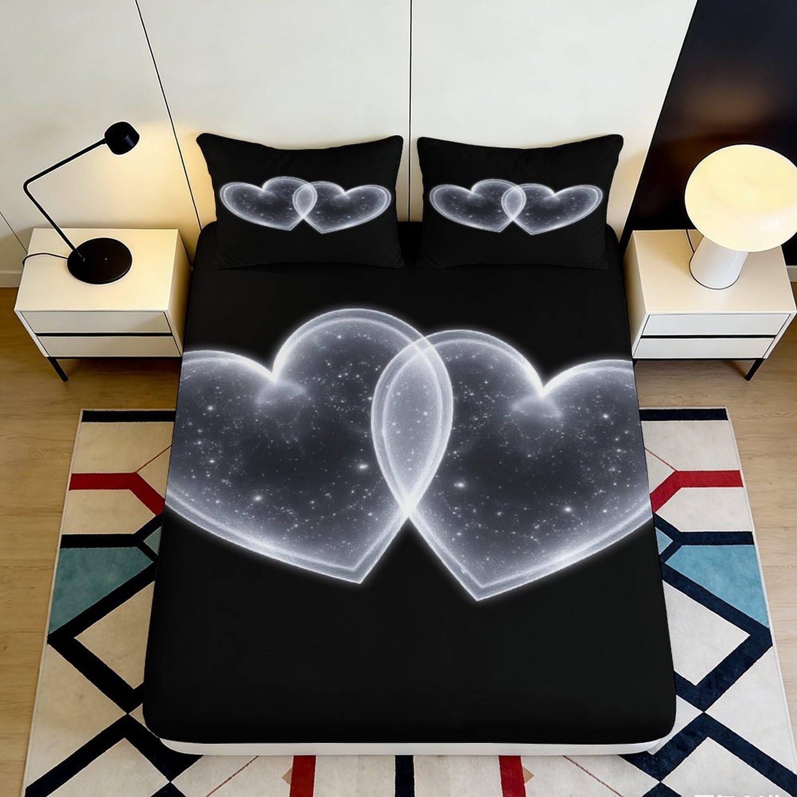 3D Printed Galaxy Heart Fitted Sheet Microfiber Deep Pocket Bedroom Mattress Fitted Cover Elastic Washable 140x200x25cm