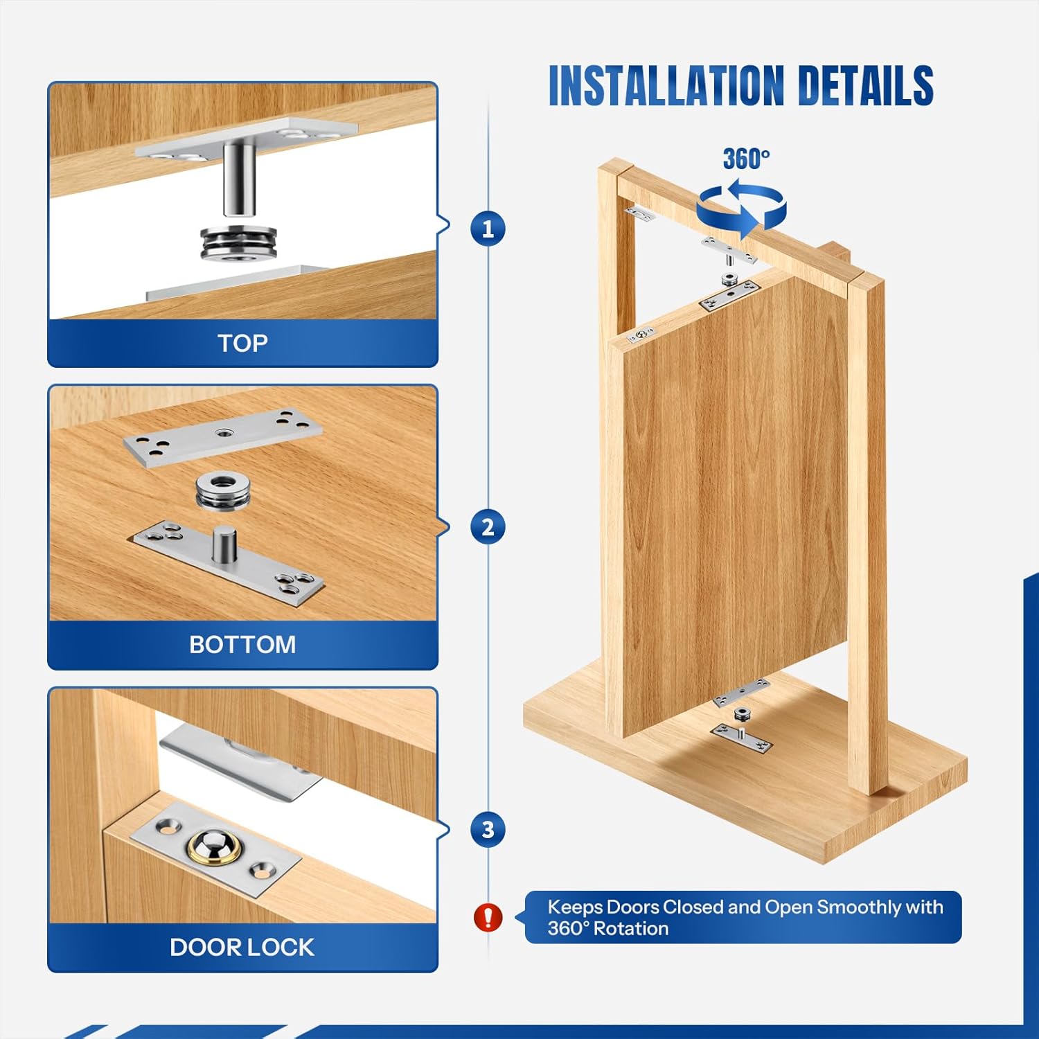 Heavy Duty 360° Rotation Door Pivot Hinge Set, Stainless Steel Hidden Door Hinge, Silent Smooth Invisible Door Hinge for Bookshelves, Secret Doors and Wood Doors, Center Pivot Hinge
