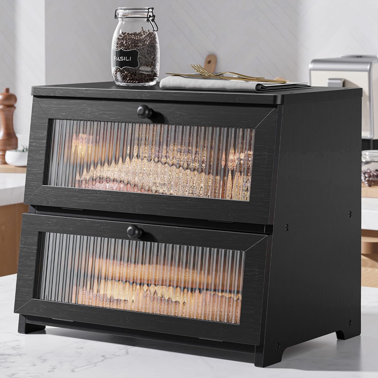 Kitsure Bread Box - Wooden Bread Box for Kitchen Countertop, Large Capacity Kitchen Countertop Organizer, Stylish Bread Storage with Window, Multi-functional Container, Black, 15.0"x13.0"x9.1" (2T) Black 2-Tier