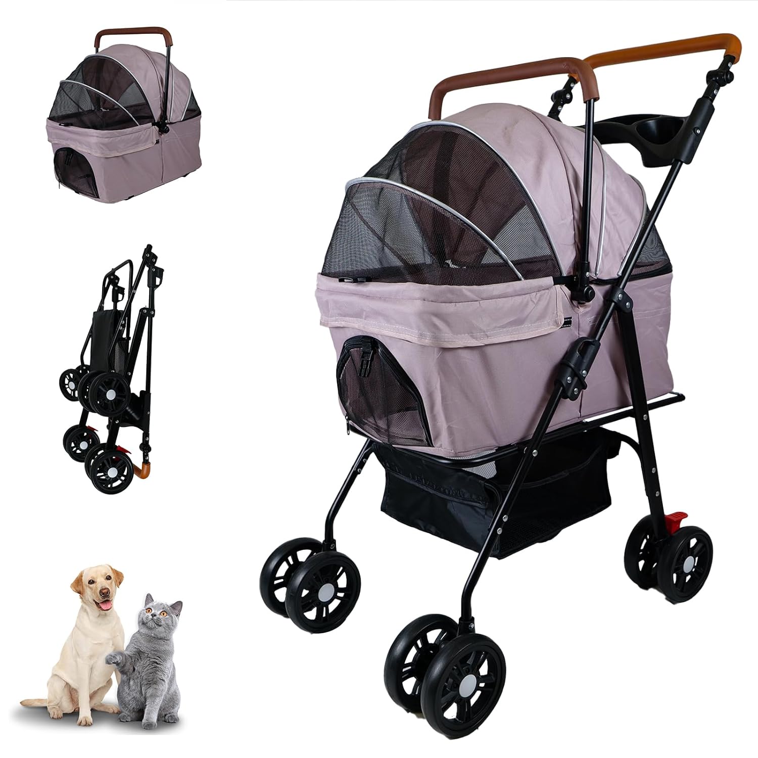 Pet Stroller with Storage Basket and Cup Holder, Folding Dog Jogger, Foldable Cat Stroller, 3 in 1 Puppy Kitten Cart, Pet Jogger for Medium Dog Cat (Pink)