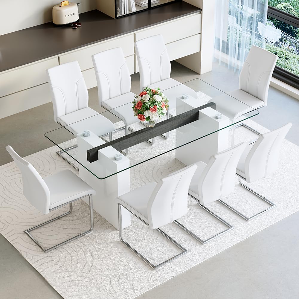FURNITO Glass Dining Table Set for 8, Modern Kitchen Table and Chairs for 8, 71 in Glass Dining Table with 8 PU Leather Dining Chairs for Kitchen