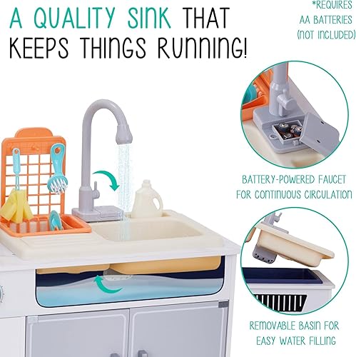 Miniatura 3 de Lil' Jumbl Jumbl - Juego de cocina de madera para niños, fregadero de trabajo con agua corriente real, incluye campana extractora, microondas y