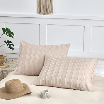 Queen Pillow Shams 2 Pack, Queen Size Pillowcases, Soft Microfiber Geometric Striped Boho Pillow Covers with Envelope Closure, Cream, 20x30 Inches No Insert