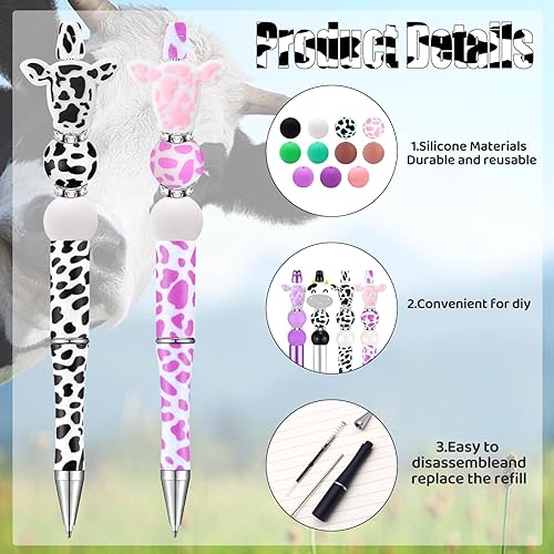 Miniatura 5 de KJMYYXGS Juego de 12 bolígrafos de cuentas a granel, kit de bolígrafos de cuentas de vaca con cuentas de silicona, bolígrafos de plástico surtidos