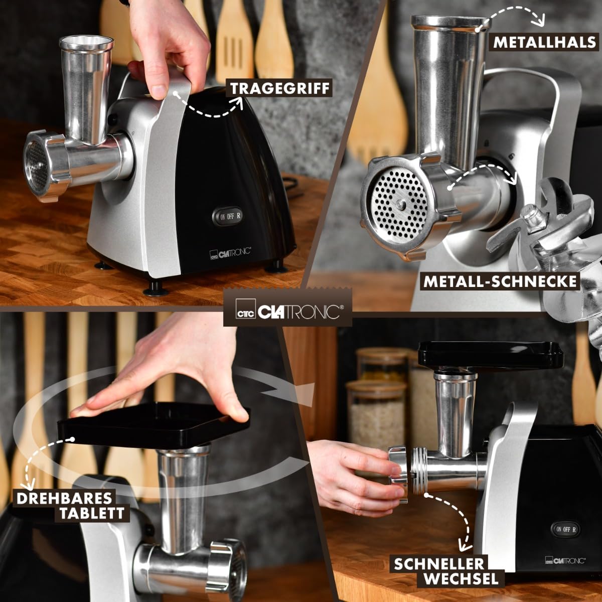 Clatronic® Fleischwolf 1000W Mit Aufsatz für Plätzchen & Spritzgebäck | 3 Metall-Scheiben | Vor-/Rücklauf | Wurstfüller | Metall-Hals u. Schnecke | FW 3803