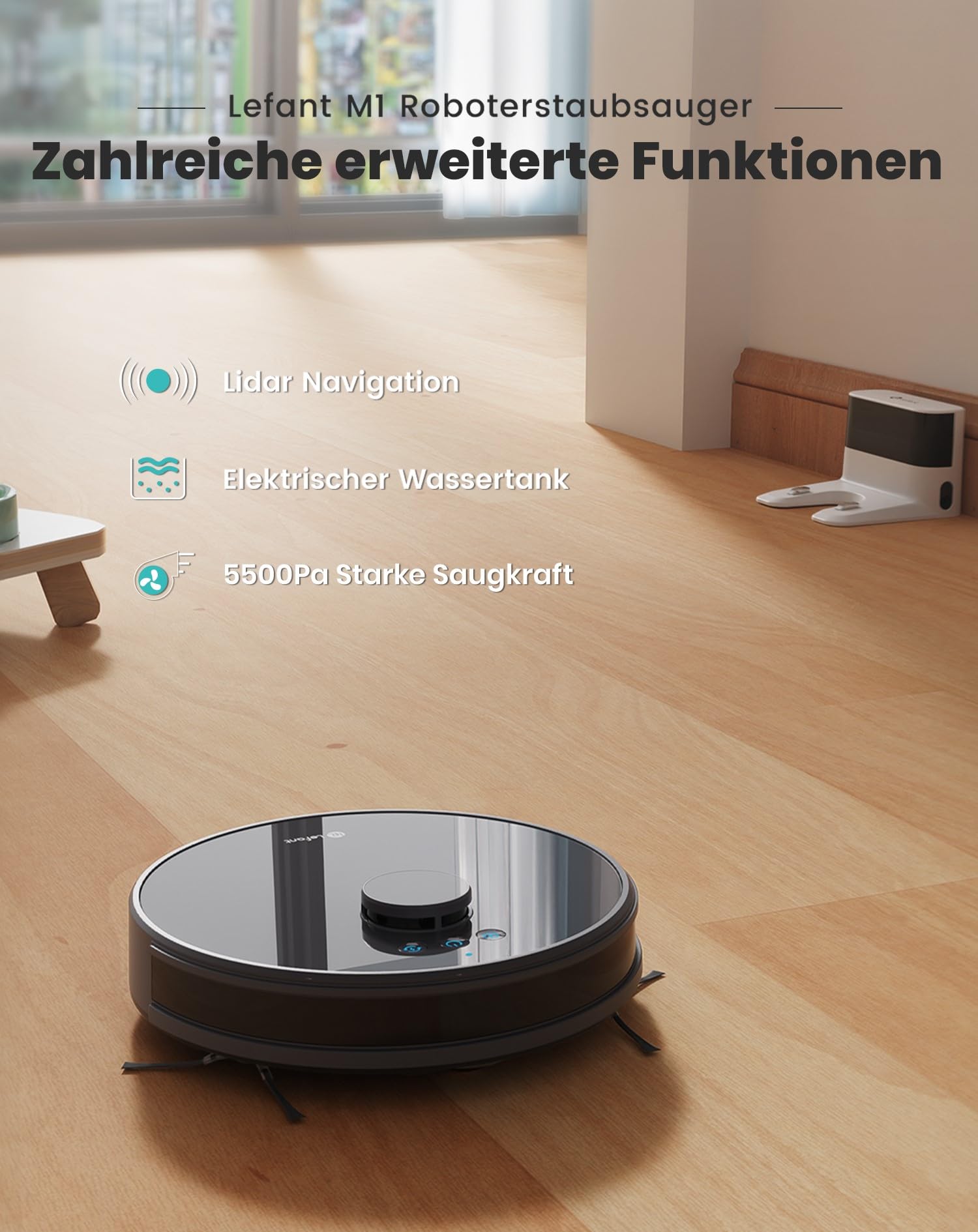 Lefant M1 Staubsauger Roboter mit 8 No-Go-Zonen, Laser Navigation, Saugroboter mit Wischfunktion Selbstaufladend 5500Pa, für Tierhaare und Hartböden, App-/Alexa-Steuerung