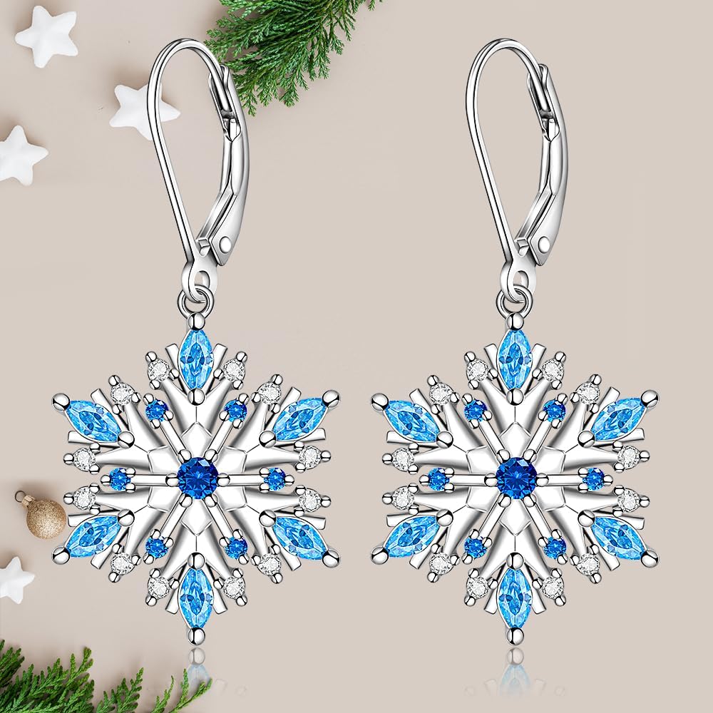 Snowflake Earrings for Women Sterling Silver Christmas Snow Flower Leverback Drop Dangle Earrings Blue Sapphire Jewelry Holiday Christmas Gifts - Image 4