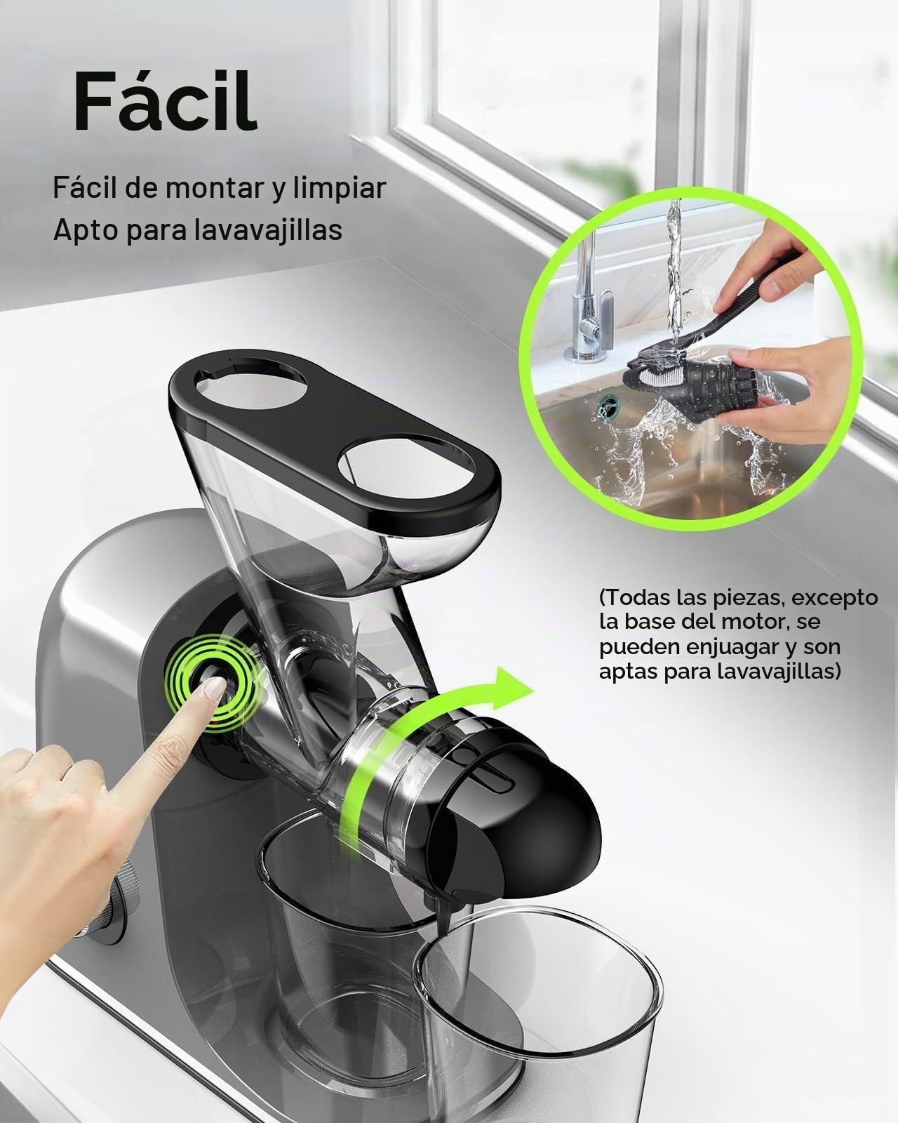 SiFENE - Exprimidor de prensa en frío, exprimidor compacto de masticaje lento de una sola porción, exprimidor de jugo de verduras y frutas, fácil de limpiar, sin BPA, gris