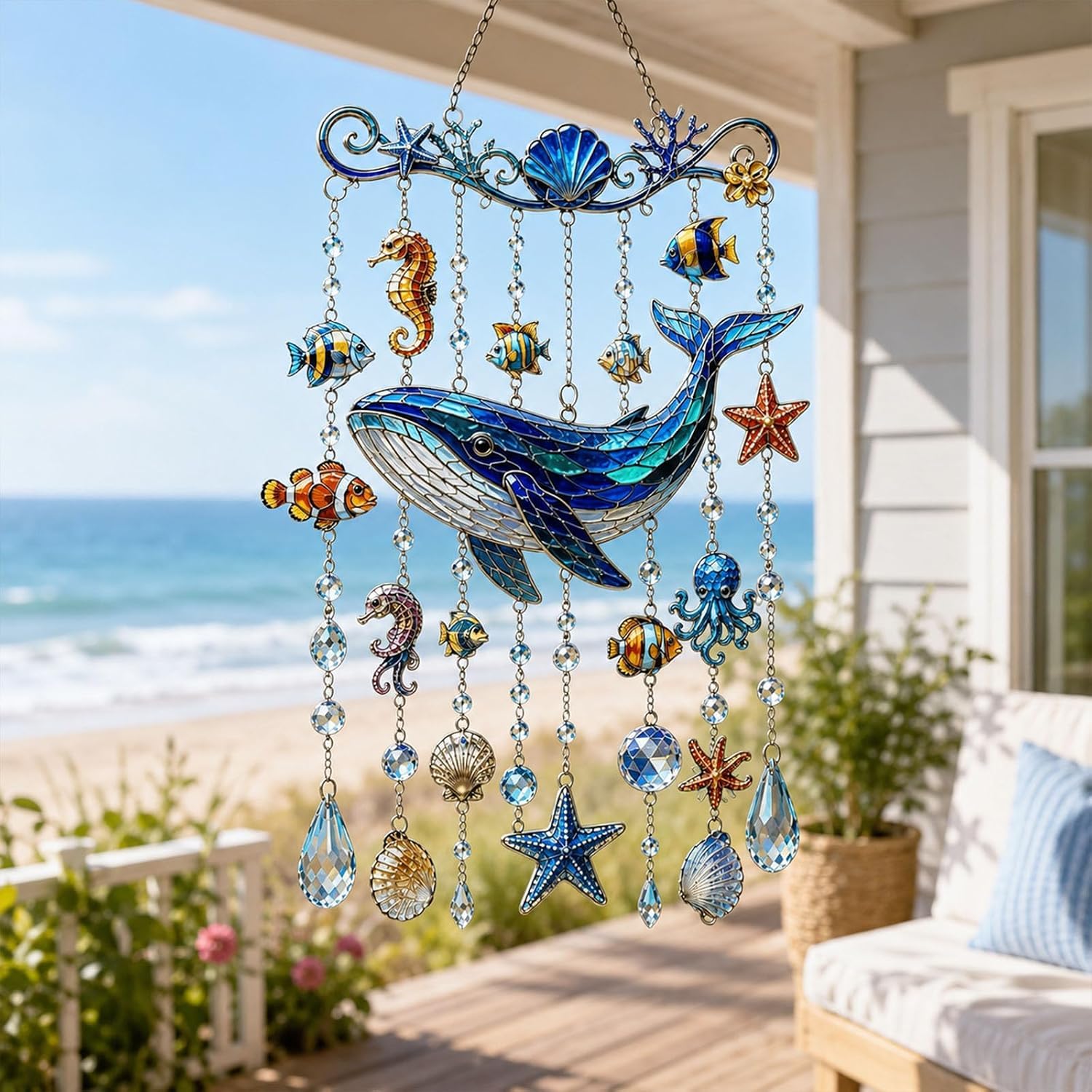 Hanging Ocean Themed Crystal Wind Chime Stained Acrylic Sea Turtle Whale