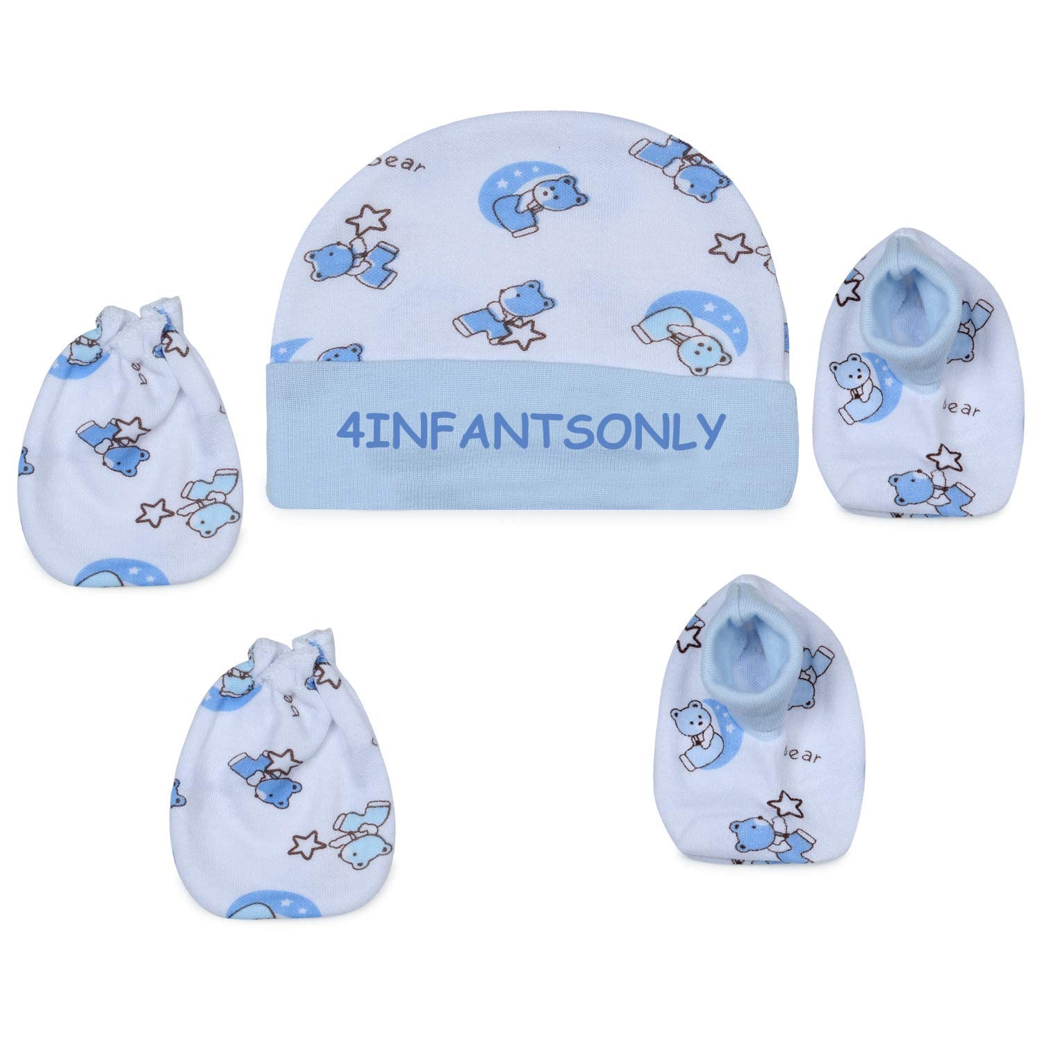 4INFANTSONLY® New Born Baby Cotton Cap, Mitten and Booties Combo | Infant Cap Set | Mittens, Bootie Set | Kids Gloves & Socks Sets | Baby Gift - 0-3 Month -(Pack of 3) 4