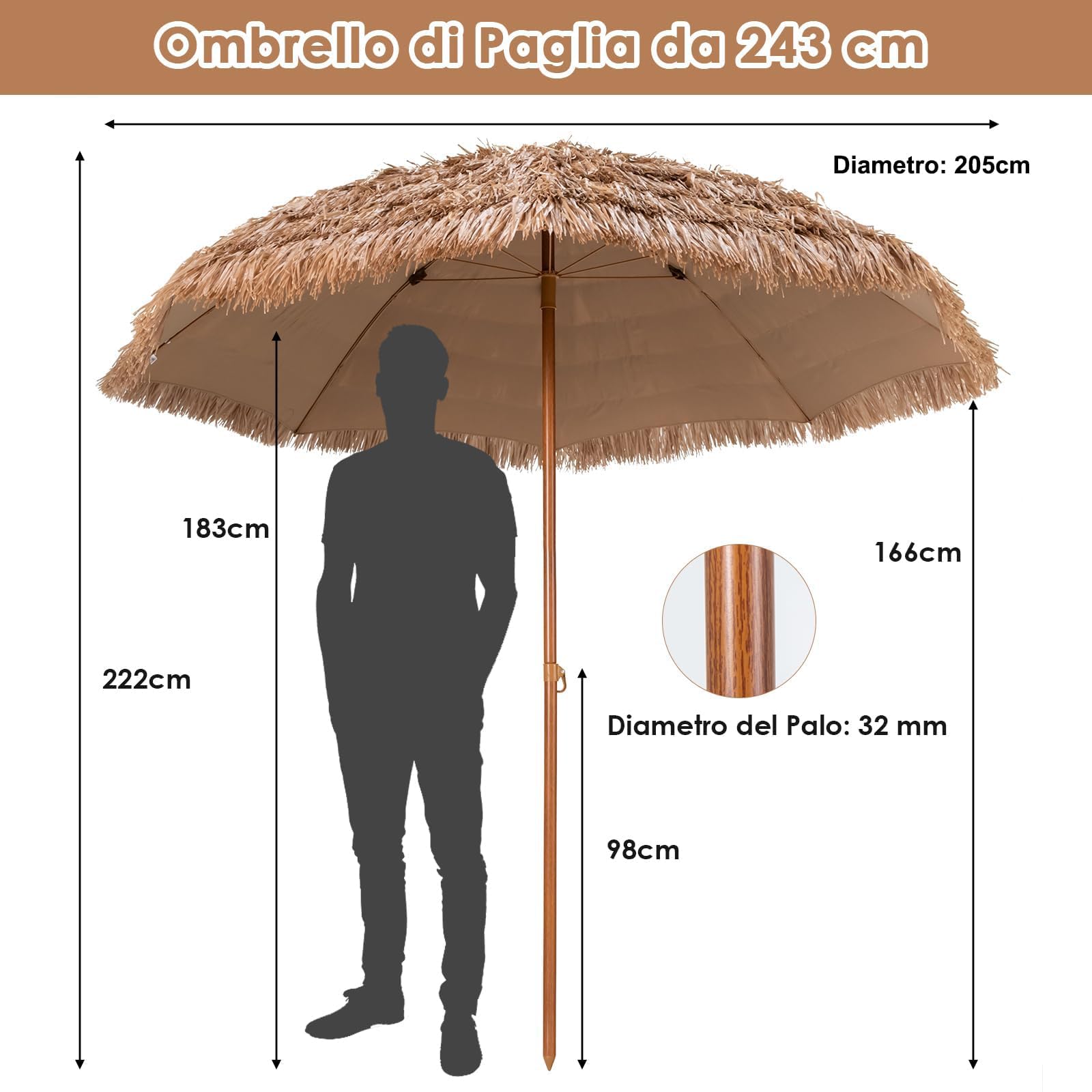 RELAX4LIFE Ombrellone da Spiaggia 200cm, Parasole Hawaiano in Paglia Simulata, Palo, Ideale per Spiaggio, Giardino e Balcone (205 cm)