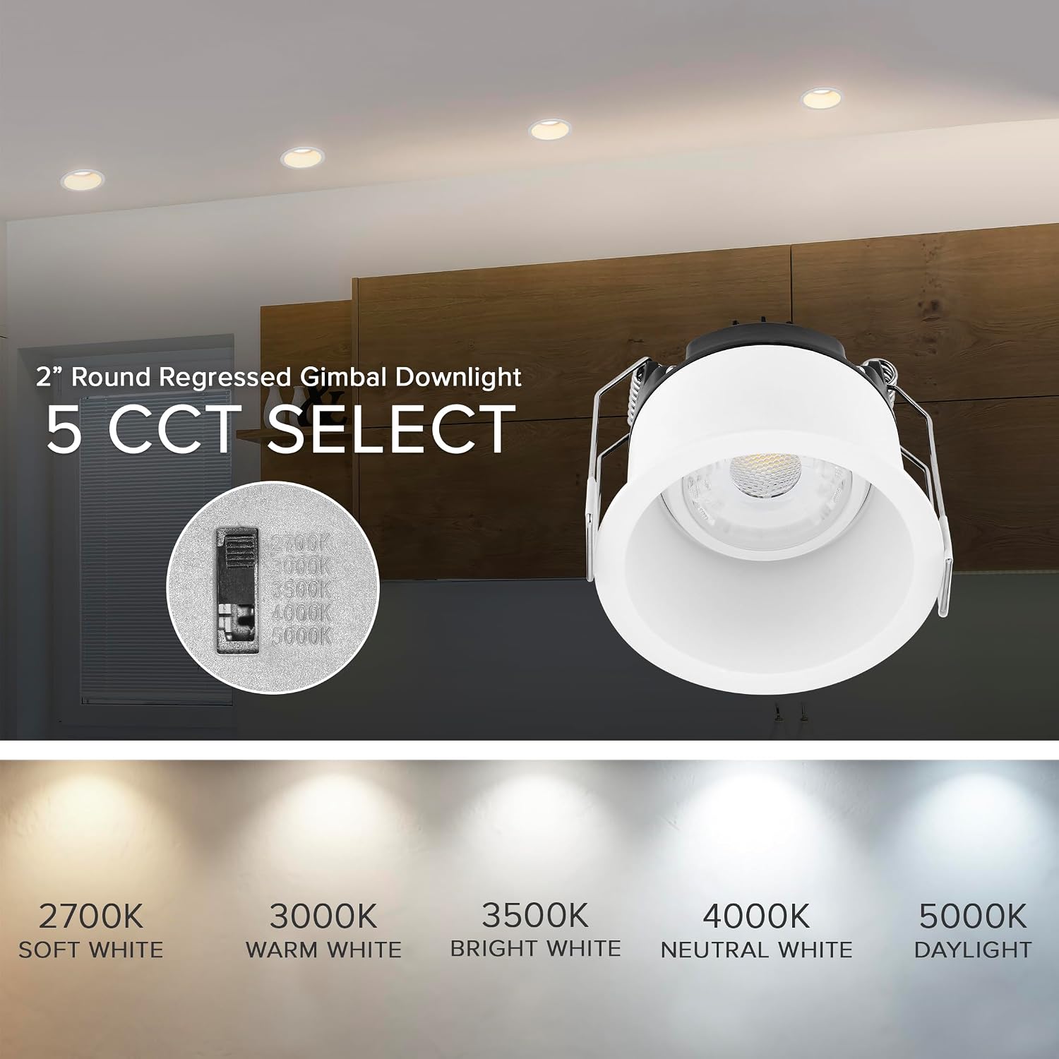 Maxxima 2" 5 CCT Adjustable Slim Recessed LED Regressed Eyeball Gimbal Downlight 600 Lumens Color Select 2700K/3000K/3500K/4000K/5000K, 360° Rotation 30° Tilt Dimmable Canless IC Rated, White Trim