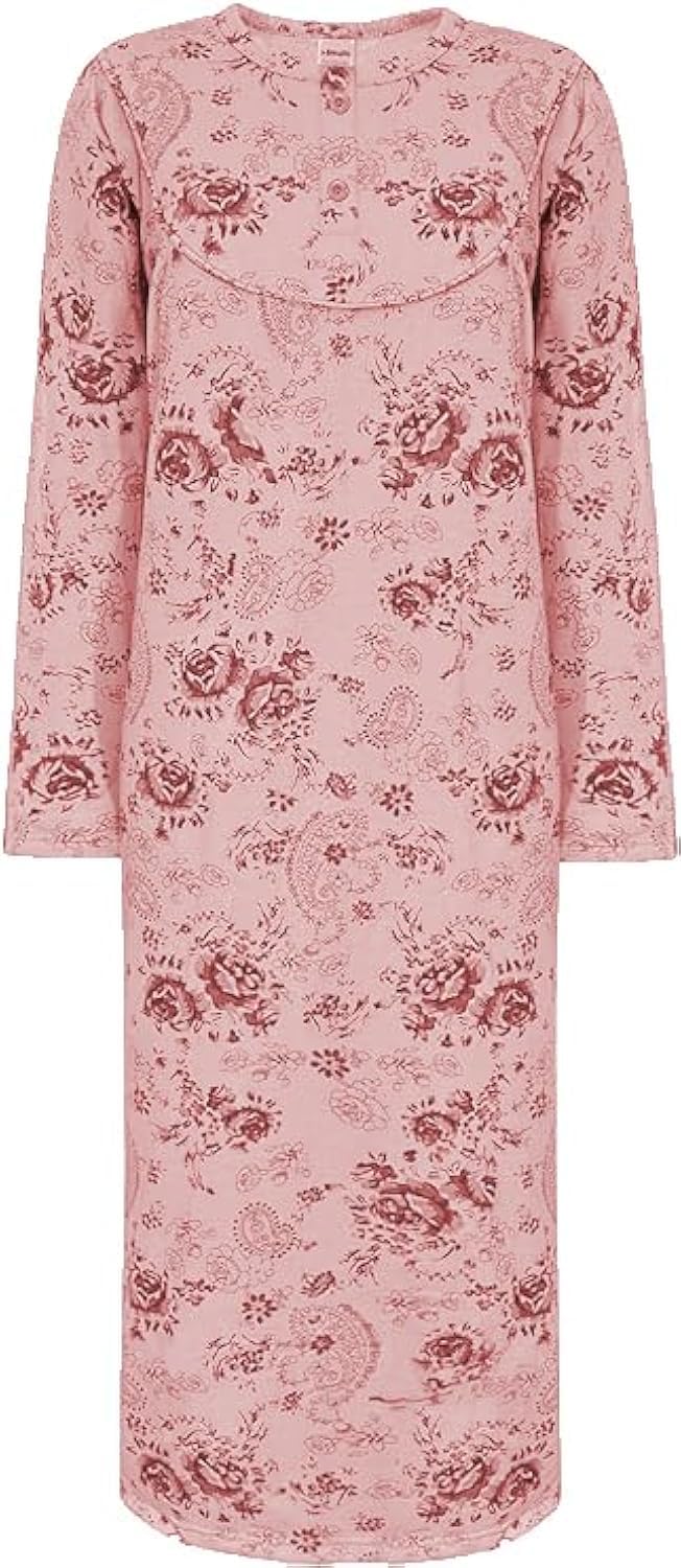 i-Smalls Womens Rose Floral Nightdress 100% Cotton Long Sleeve Thermal Nightie Chemise (3XL) Peach