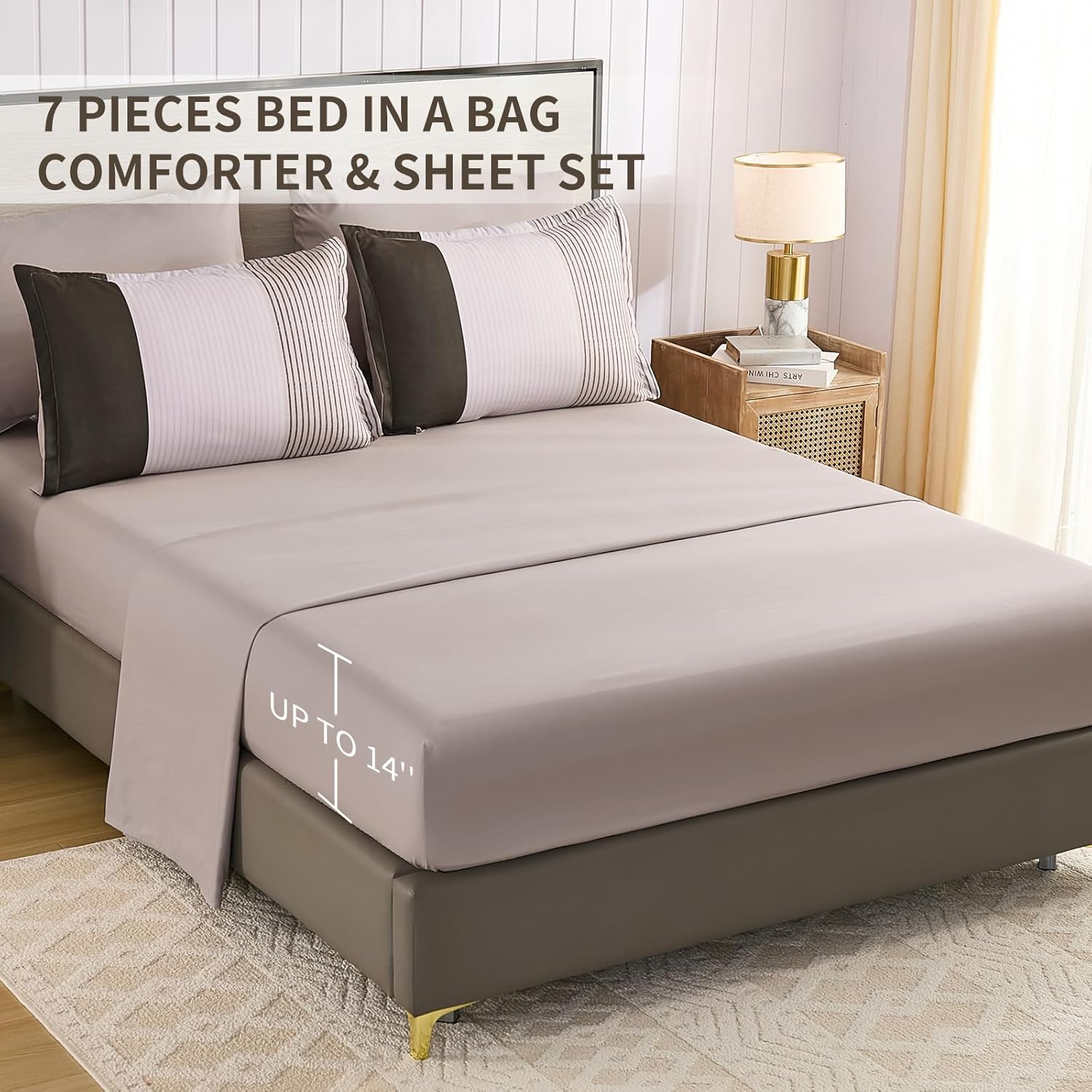 Anibedding Brown Queen Comforter Set 7 Pieces, Chocolate and White Patchwork Striped Bed in a Bag with Sheet Pillowcase for Queen Bed All Season - Image 5