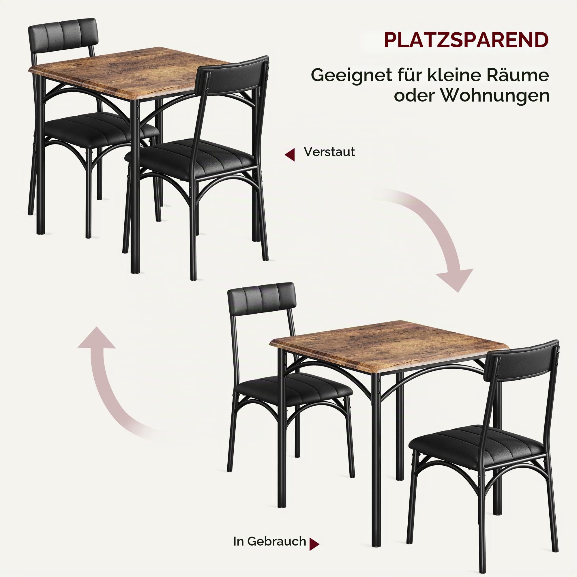 Essgruppe 3-teilig für 2 Personen Esstisch-Set mit 2 Polsterstühlen MDF & Stahl Wasserabweisend Belastbarkeit 180 kg für Kleine Räume,Vintage-Farbe