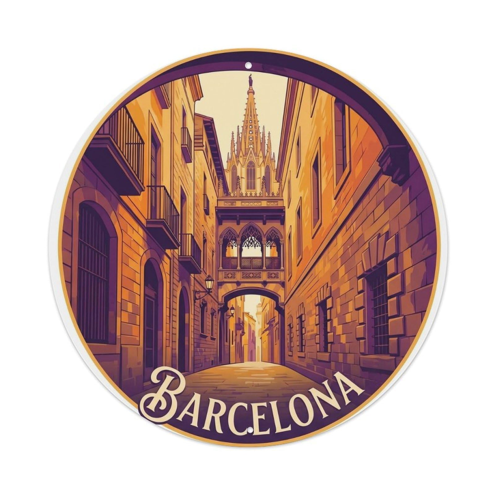 Vintage Travel Barcelona Gothic Quarter 3 Metal Tin Sign Plaque Wall Decor for Cafe, Club Bar, Office, Home Garden Round Metal Poster 8x8Inch