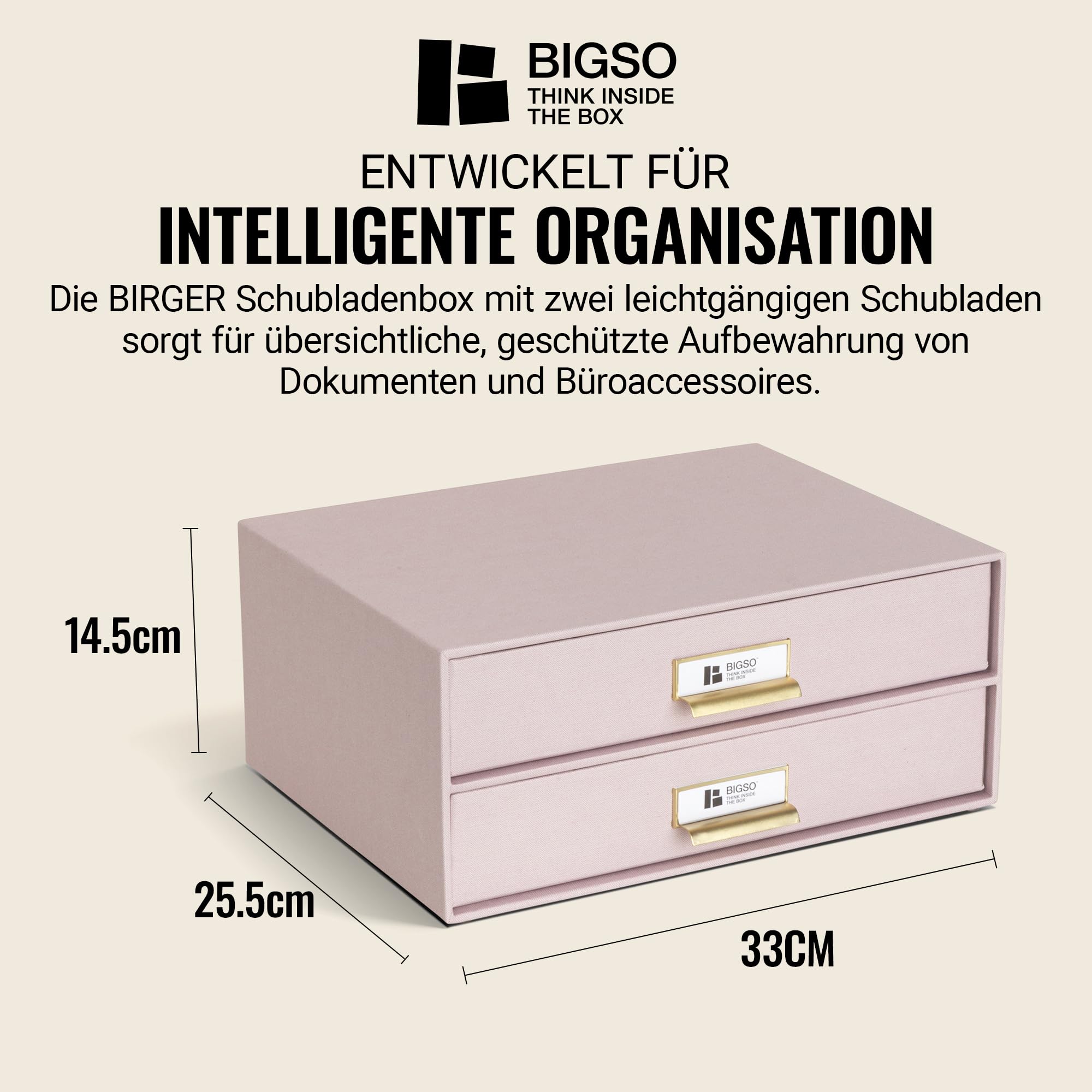 BIGSO BIRGER Schubladenbox – Aufbewahrungsbox mit 2 Schubladen – Schreibtisch Ablage für Dokumente & Bürobedarf – Ablagesystem aus recycelter Faserplatte und Papier – rosa