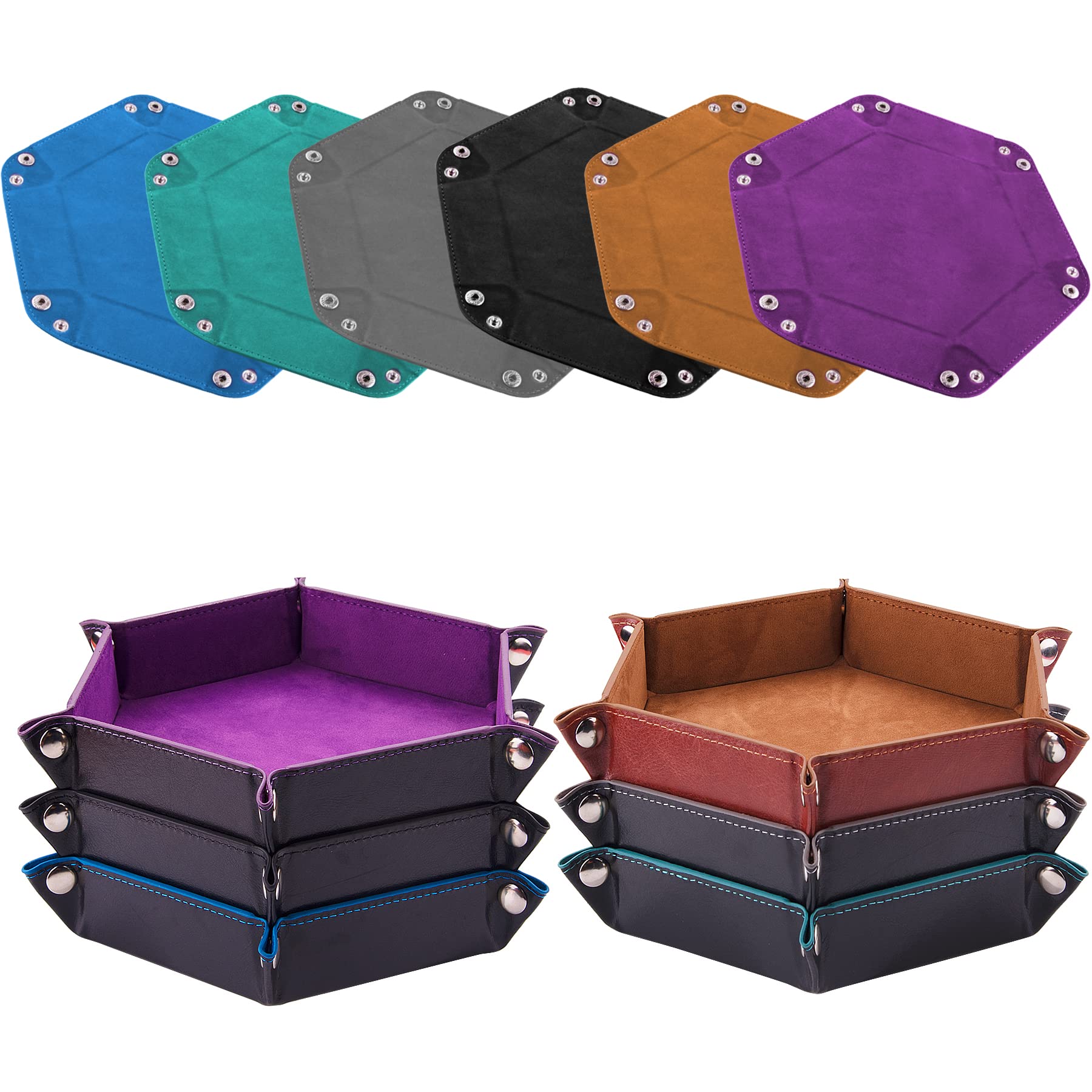 SIQUK 6 Pieces Dice Tray Hexagon Dice Rolling Holder Folding PU Leather Dice Trays for Dice Games Like RPG, DND and Other Table Games(Violet, Camel, Black, Gray, Cyan, Sky Blue)
