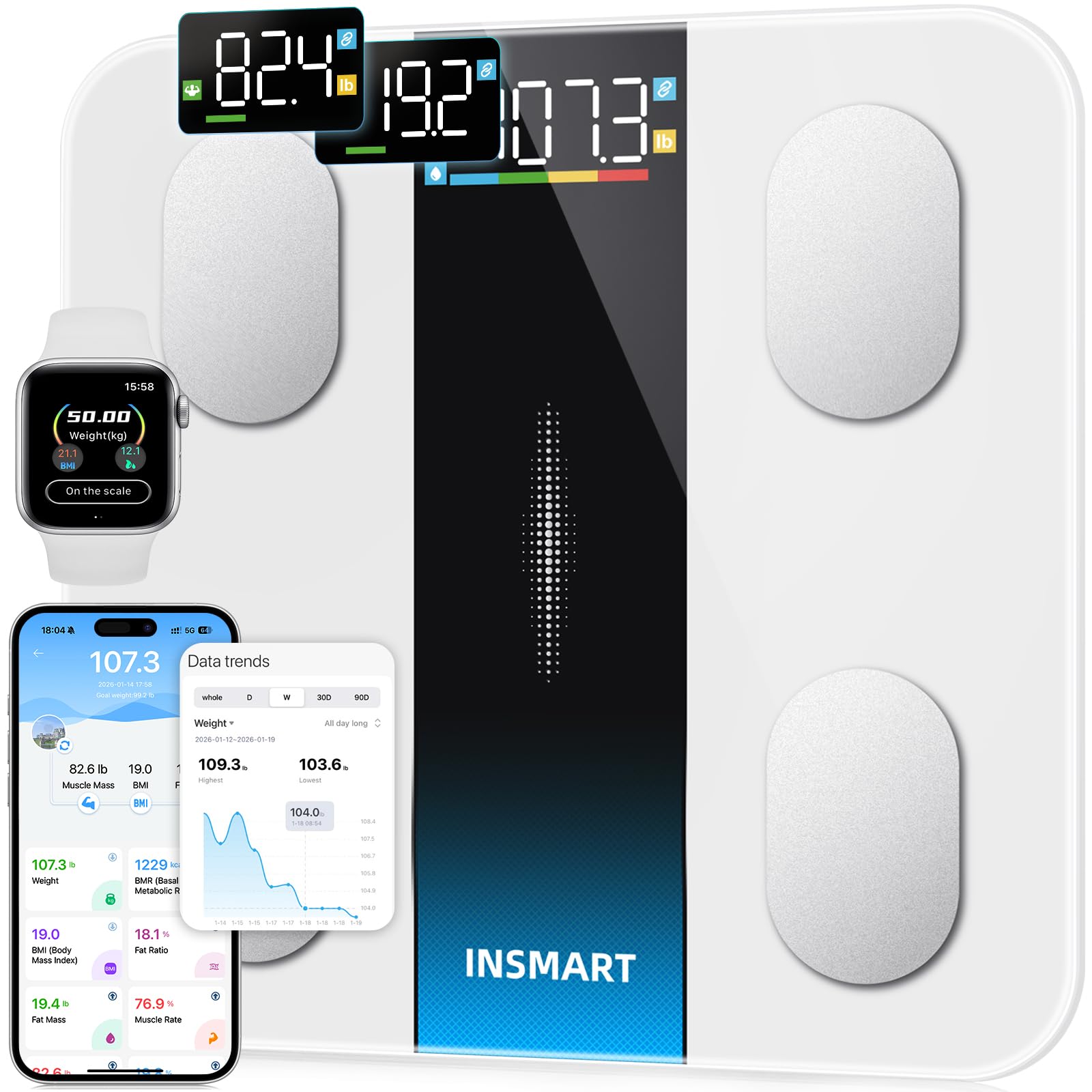 INSMART - Bilancia intelligente per peso corporeo e percentuale di grasso, bilancia accurata Bluetooth con ampio display, 16 pesate composizione corporea, bilancia da bagno sincronizzata con app