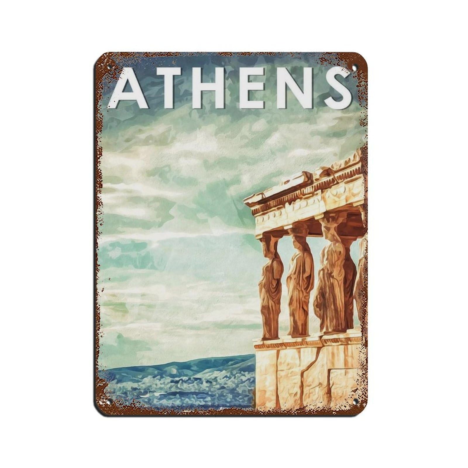 Athens Travel Poster, Greece Poster Retro Poster Metal Tin Sign Chic Art Retro Iron Painting Bar People Cave Cafe Family Garage Poster Wall Decoration 12x16inch(30x40cm)