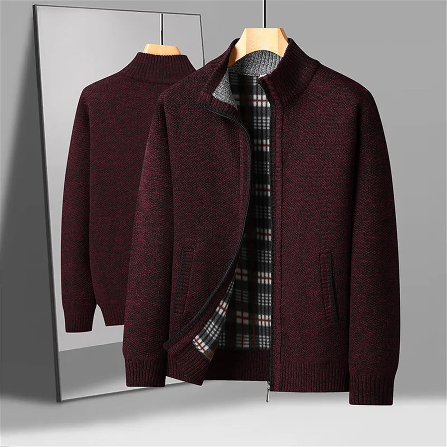 Men's Lightweight Stand-up Collar Fleece Thickened Solid Color Sweater Warm Cardigan Knitted Jackets