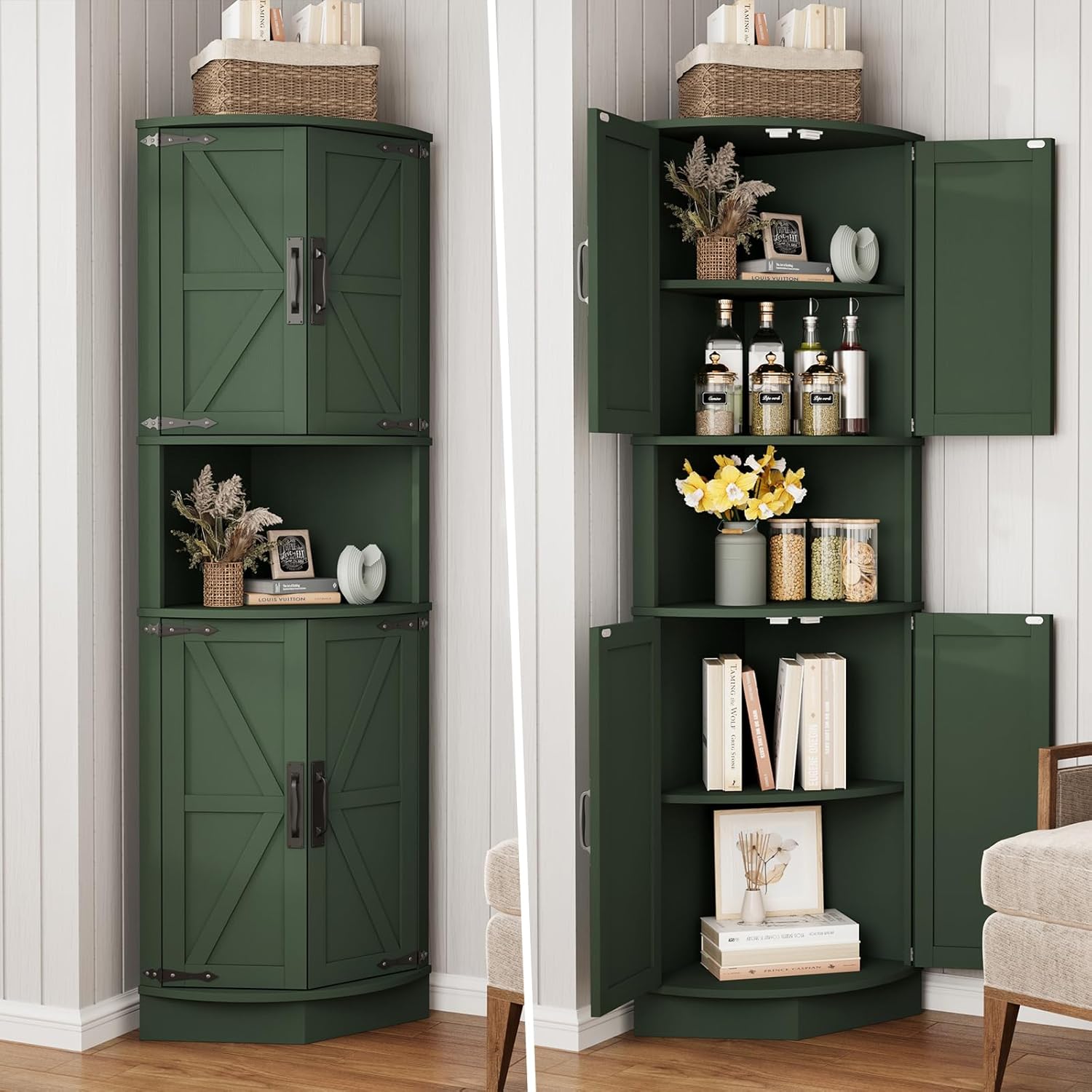 Vabches 64.8" Tall Farmhouse Corner Cabinet with 4 Doors and 5 Storage Shelves, Farmhouse Storage Cabinet with Barn Door Design, Home Space Saver for Living Room, Kitchen, Laundry Room,Green