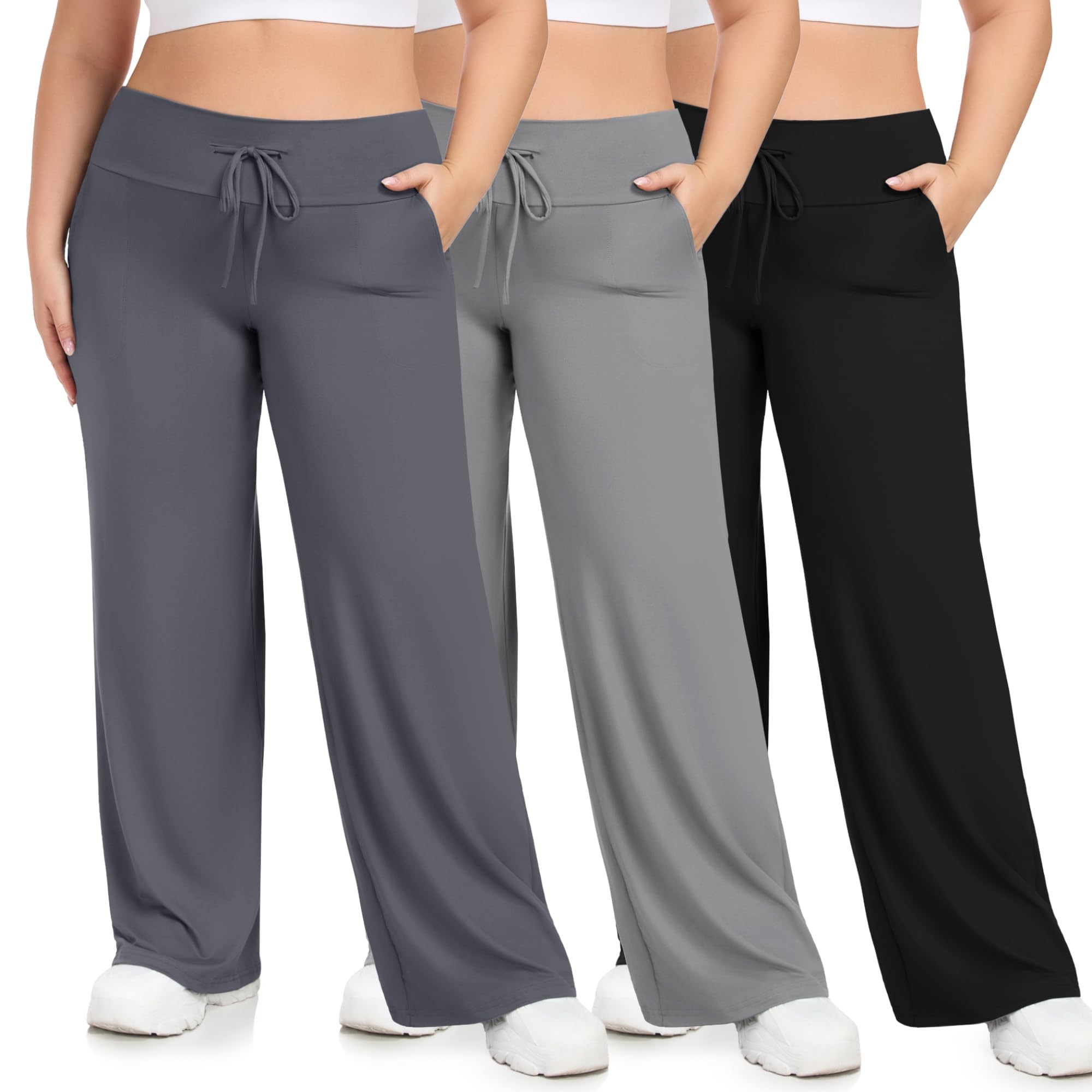 HLTPRO 3 Pack Lounge Pants Women Plus Size Wide Leg Pants Woman with Pockets