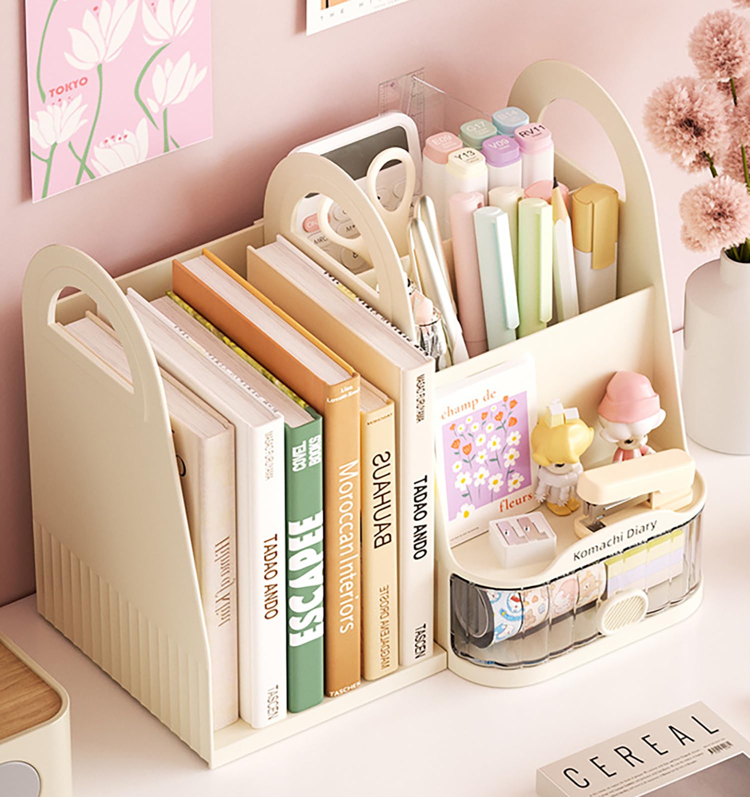 House of Quirk Modular Pen Holder & Desktop Bookshelf – Left & Right Freely Assembleable Plastic Organizer for Students, Office, Documents & Stationery (Cream)-image-4