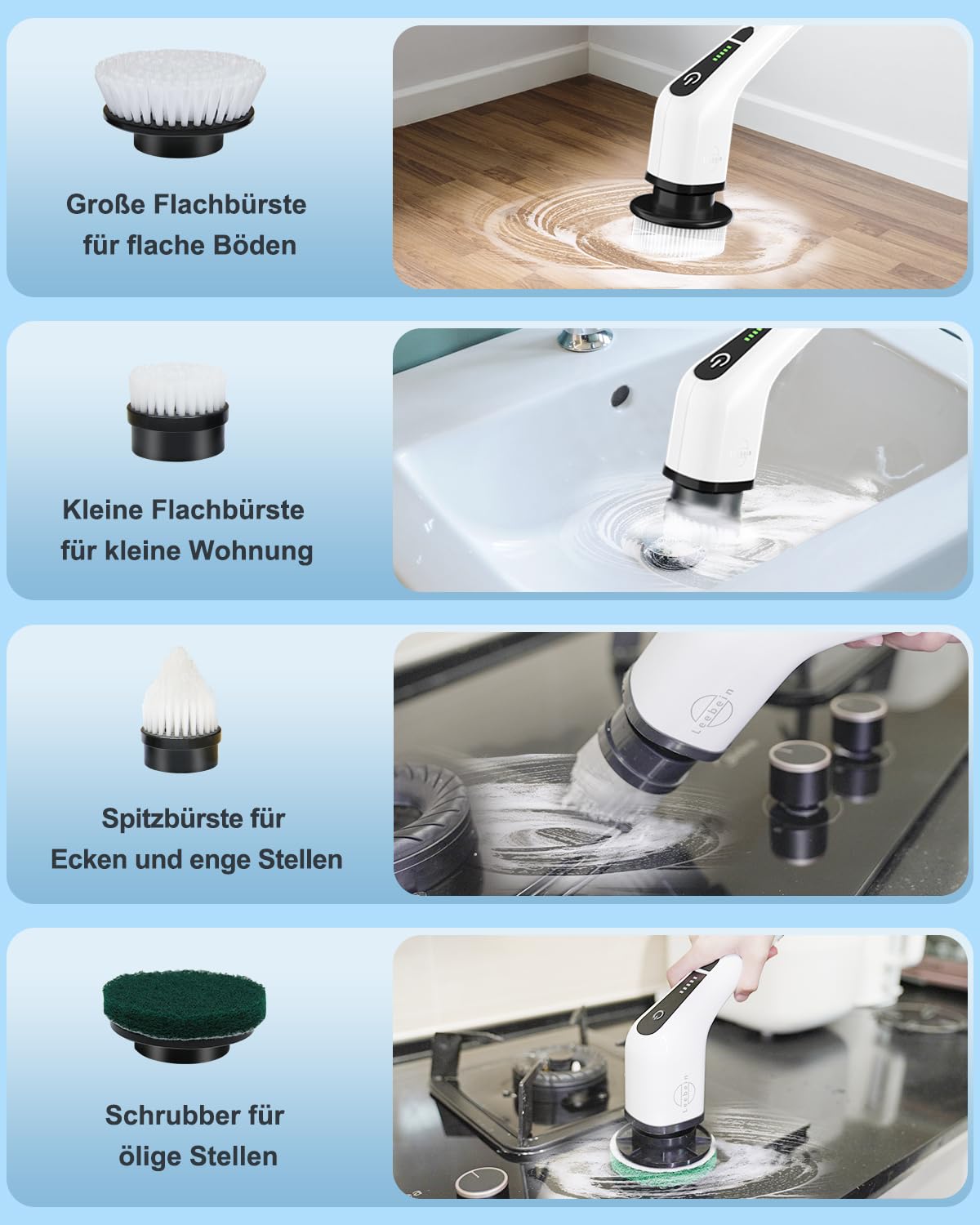 Leebein Elektrische Reinigungsbürste,Electric Spin Scrubber schnurlos mit 8 austauschbaren Bohrbürstenköpfen, Wanne und Bodenfliese mopSet mit 137cm verstellbarem Griff für Bad Küche Auto Fußboden