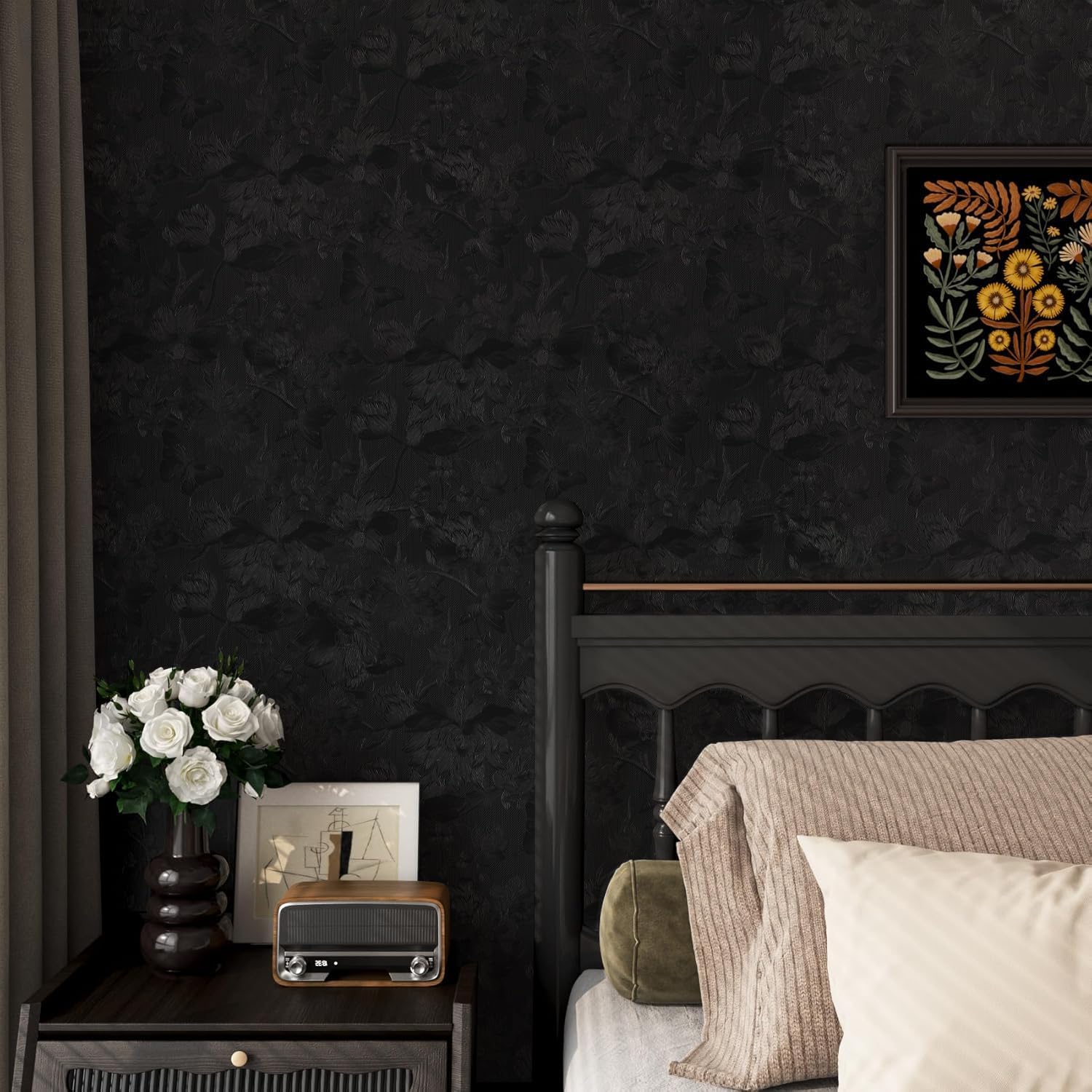 Black Peel and Stick Wallpaper Black Floral Wallpaper 15.7inch x 393.7inch Vintage Embossed Textured Contact Paper Embossed Self Adhesive Wall Paper for Cabinets Pure Flower Removable Vinyl