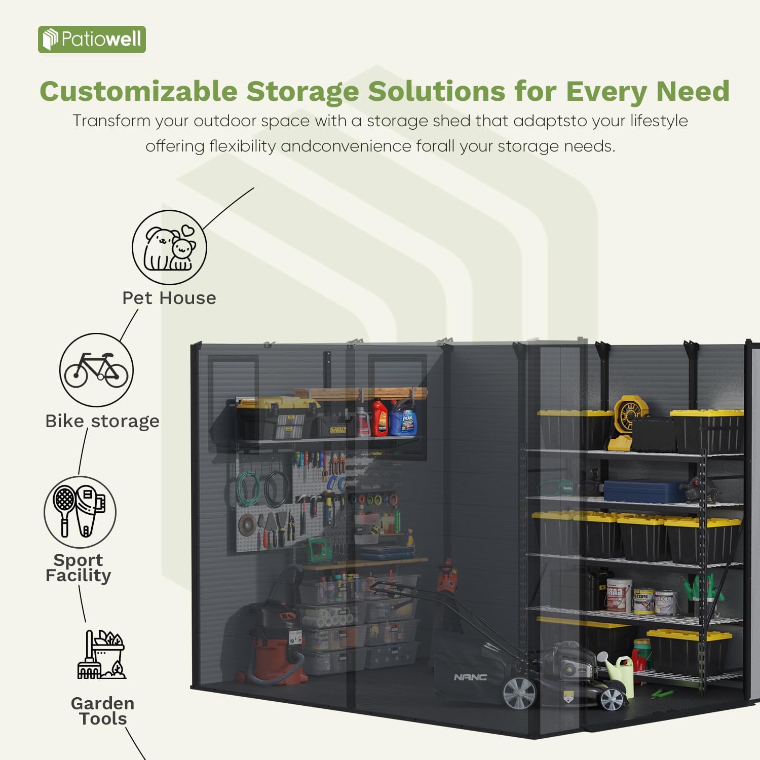 Graphic illustrating customizable storage solutions for the Patiowell shed.