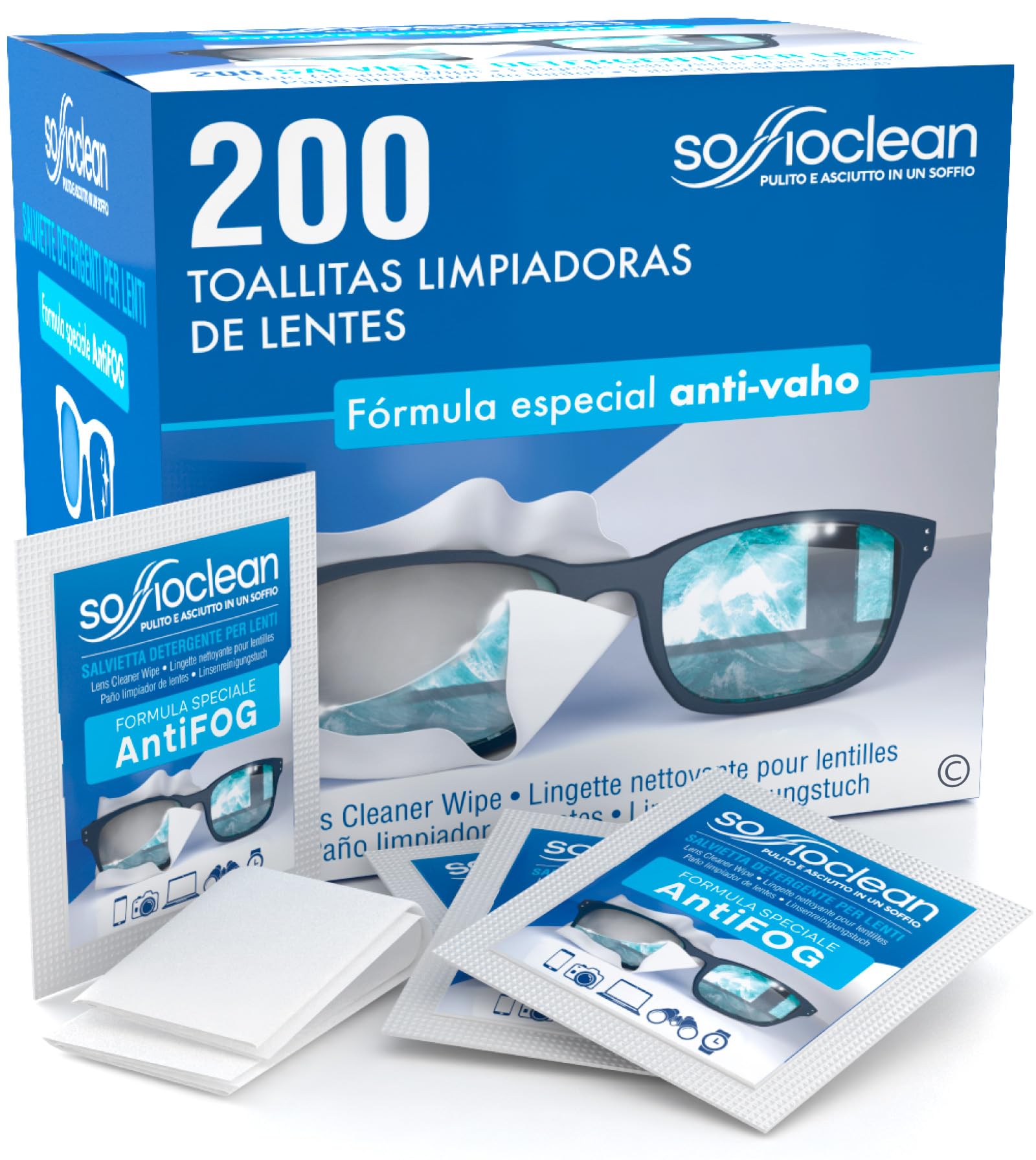 200 Toallitas Limpiadoras para Gafas Anti Vaho Soffioclean - Limpieza de Lentes Gafas Ordenadores y Movil - Desechables Elimina Grasa y Huellas Dactilares