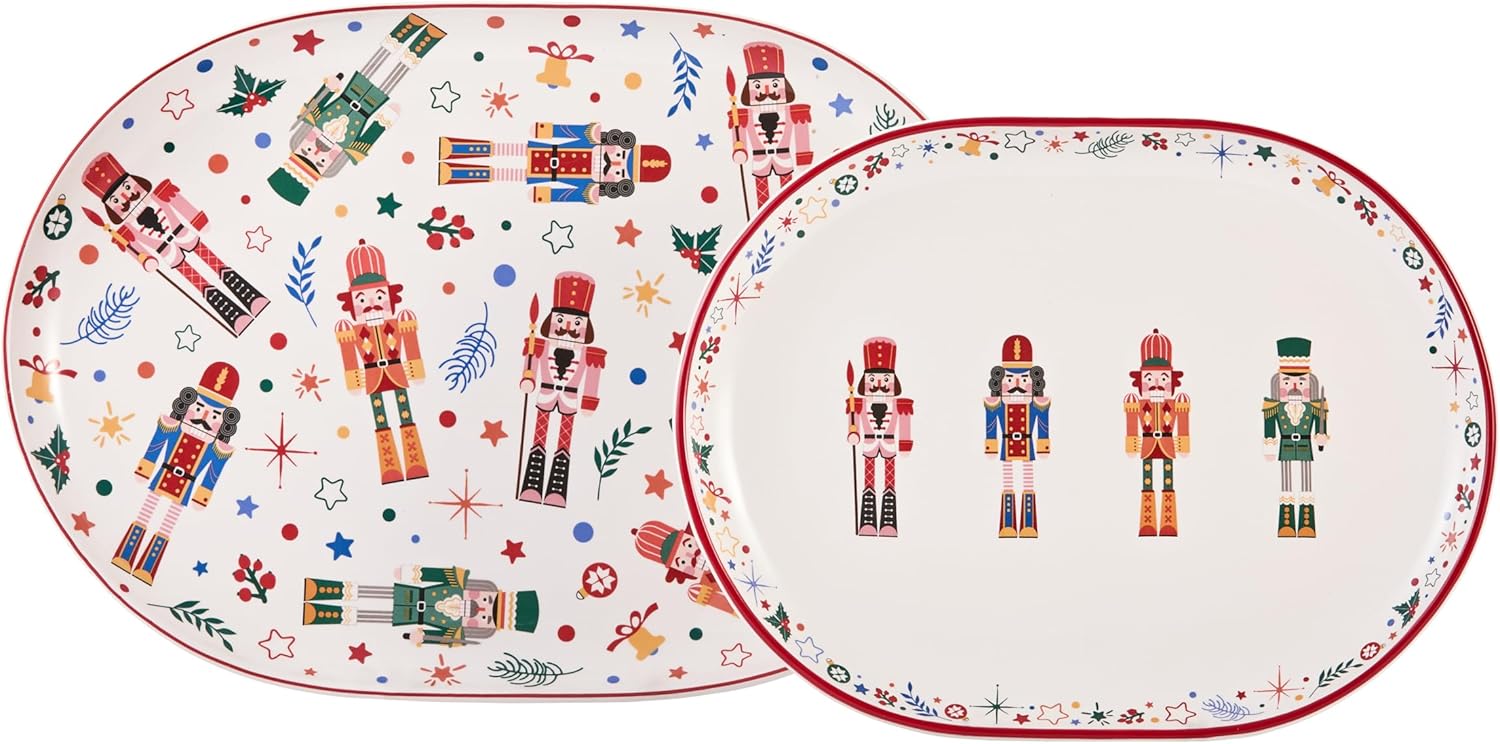 Bico Christmas Merry Crew Ceramic 16 inch plus 12 inch Ceramic Oval Platter, Set of 2, for Serving Turkey, Steak, Salad, Microwave & Dishwasher Safe