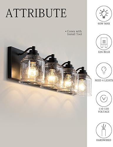 Miniatura 4 de Vanity Lights for Bathroom Large 31.5", Farmhouse Rustic Vanity Light with Bubble Glass Shades, Black 4 Light Bathroom Lighting Fixtures Over