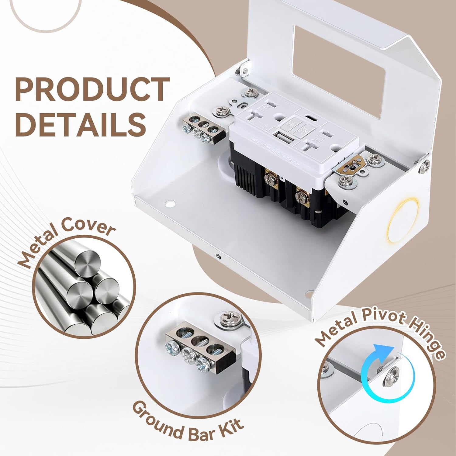 Under Cabinet Outlet Box with USB Outlet 20 Amp 125V (ETL Listed), Solid Metal Housing and Hinge Construction, Hidden Electrical Solution, Easy to Install and Wire, Multiple Safety Protection