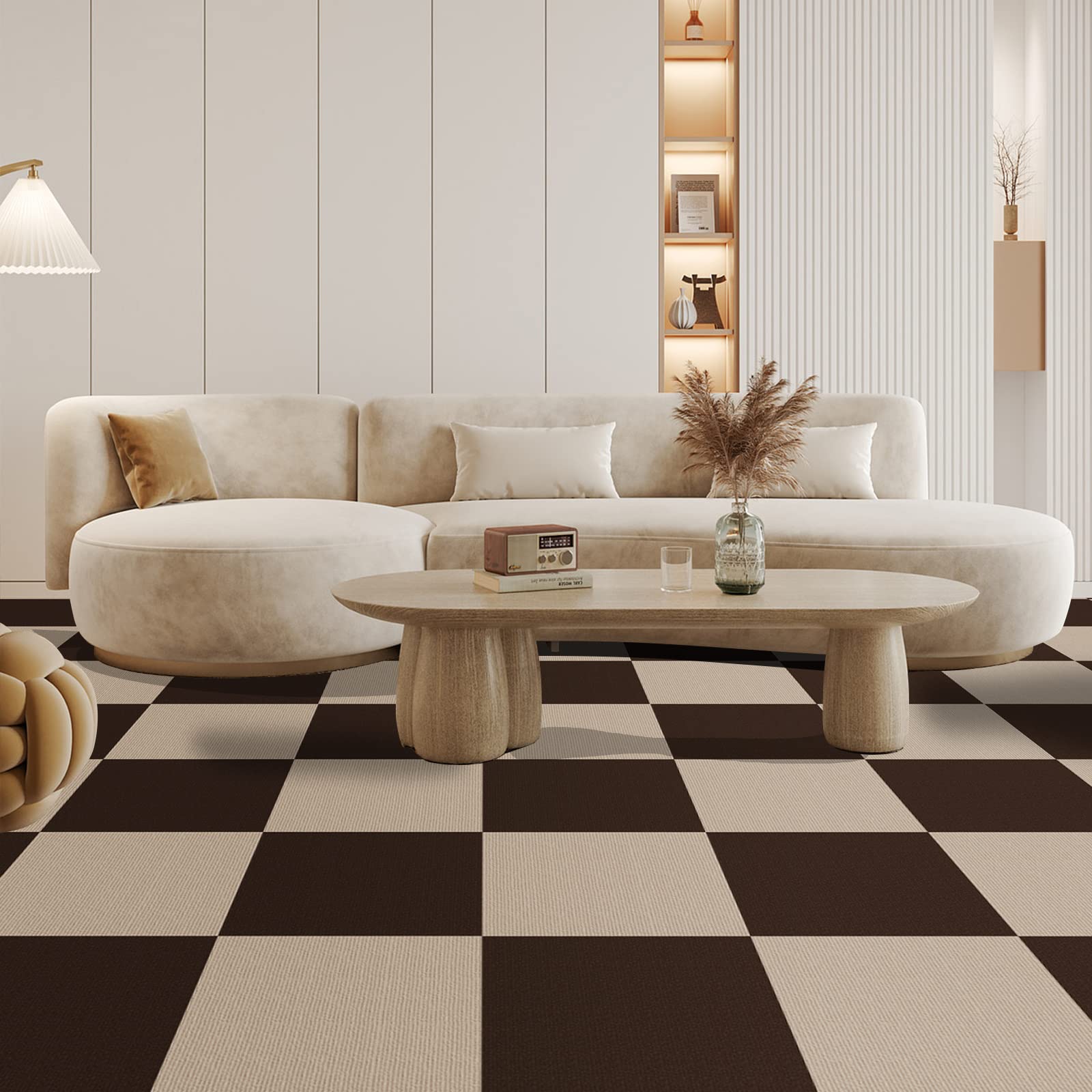 CUCOS Carreaux de moquette à décoller et à coller, carreaux de sol carrés 30,5 x 30,5 cm, carreaux de moquette rembourrés doux, autocollants 30 carreaux par boîte/30 m²