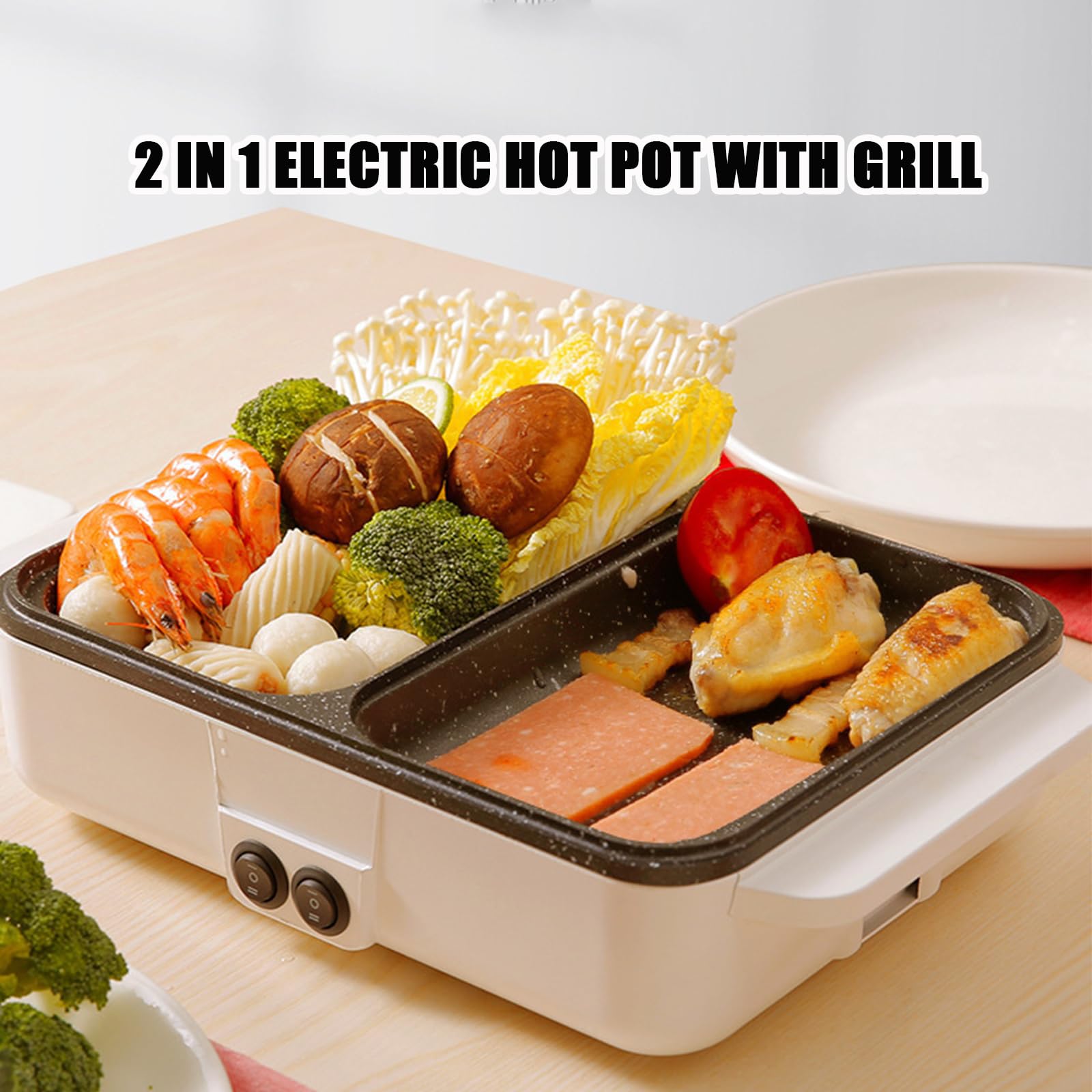 110V Hot Pot Electric, 2 In 1 Electric Hot Pot With Grill For Cooking, 1200W Electric Shabu Shabu Pot W/Dual Gear Power Control For Home, Party, Family & Friend Gathering, White