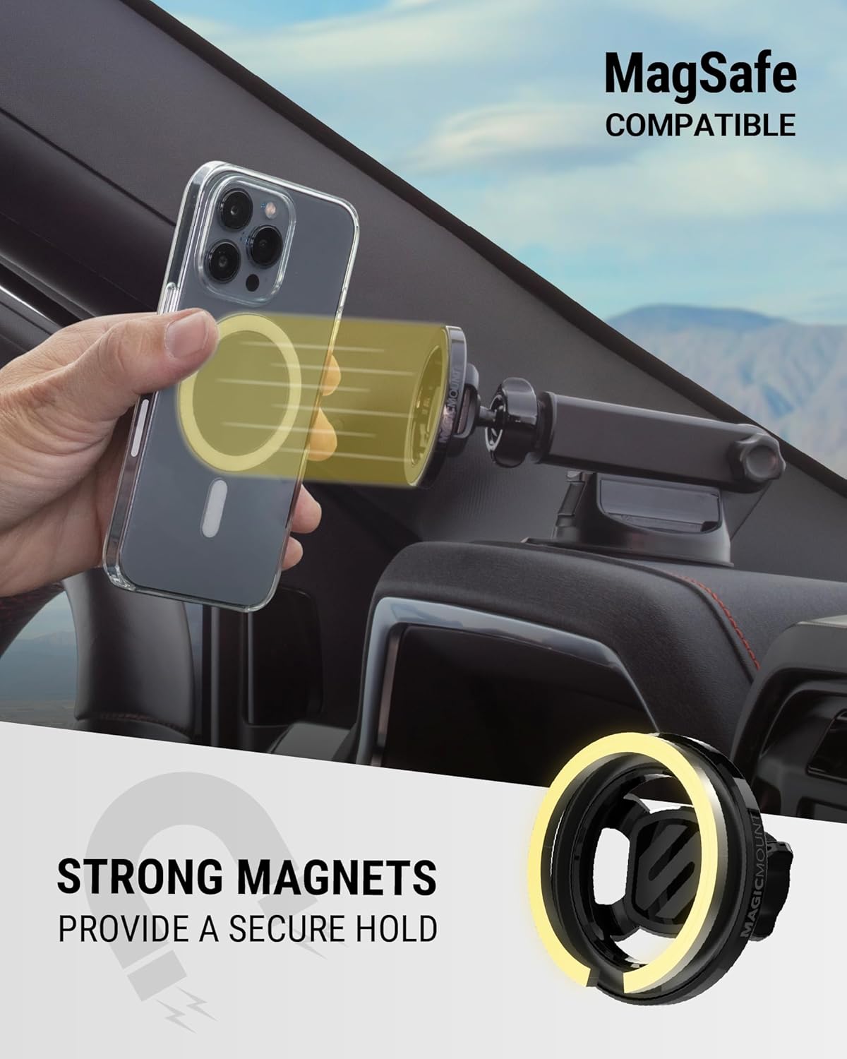 Scosche MagSafe Car Mount, Suction Cup Windshield Phone Mount/Magnetic Cell Phone Holder for Car Dashboard with Extended Arm Compatible with Popsocket, Cellphone Stand Compatible with iPhone, Samsung - Image 4