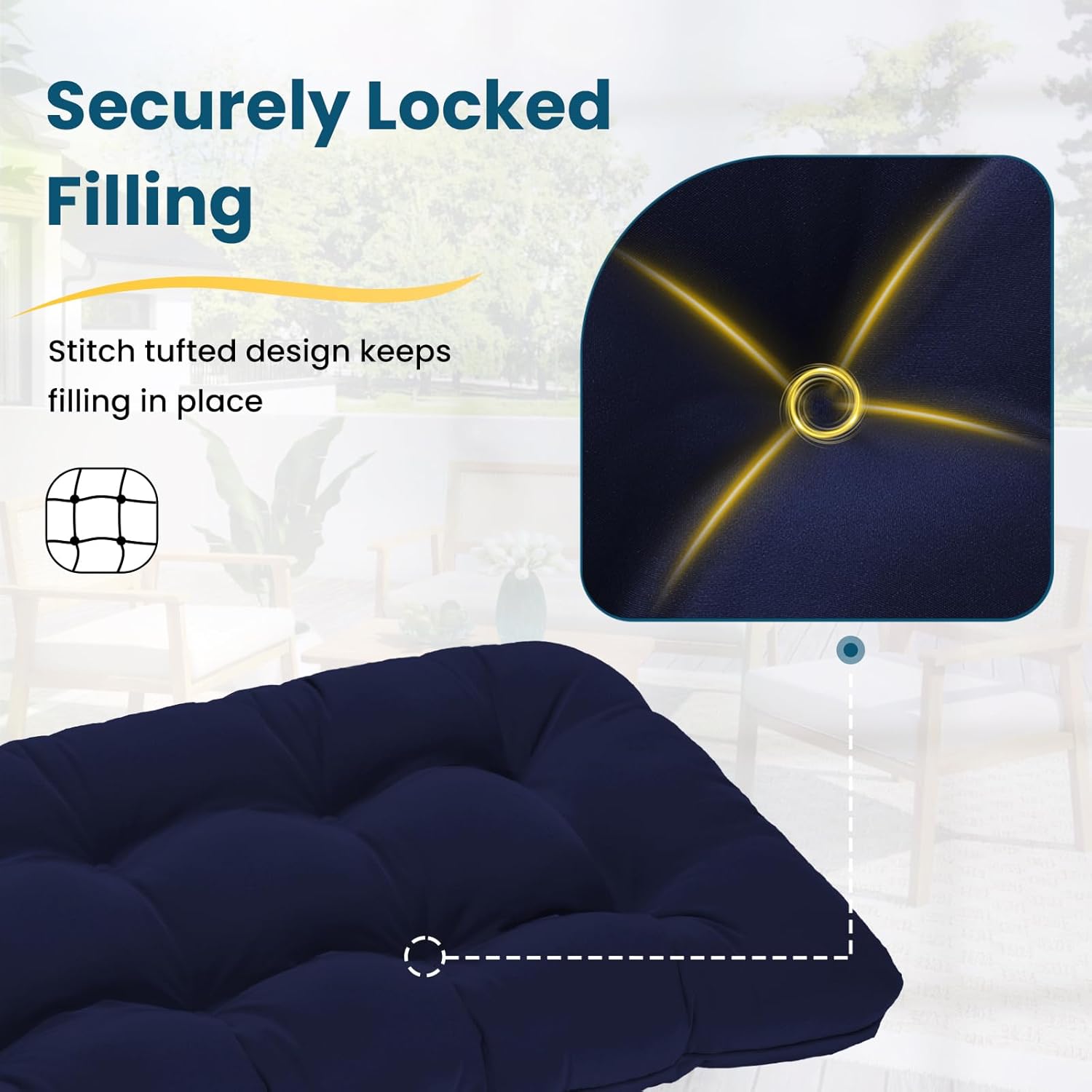Tufted Bench Cushions for Outdoor Furniture, 44" x 19" Porch Swing Cushions Filled with Foam, Overstuffed Patio Cushions for Bench Loveseat with 2-3 Seats,Thick and Water Resistant, Navy