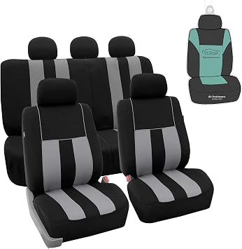 FH Group Car Seat Cover Full Set Striking Striped Gray Black Car Seat Covers with Front Seat Covers and Rear Split Bench Car Seat Cover Universal Fit Interior Accessories for Cars Trucks and SUVs
