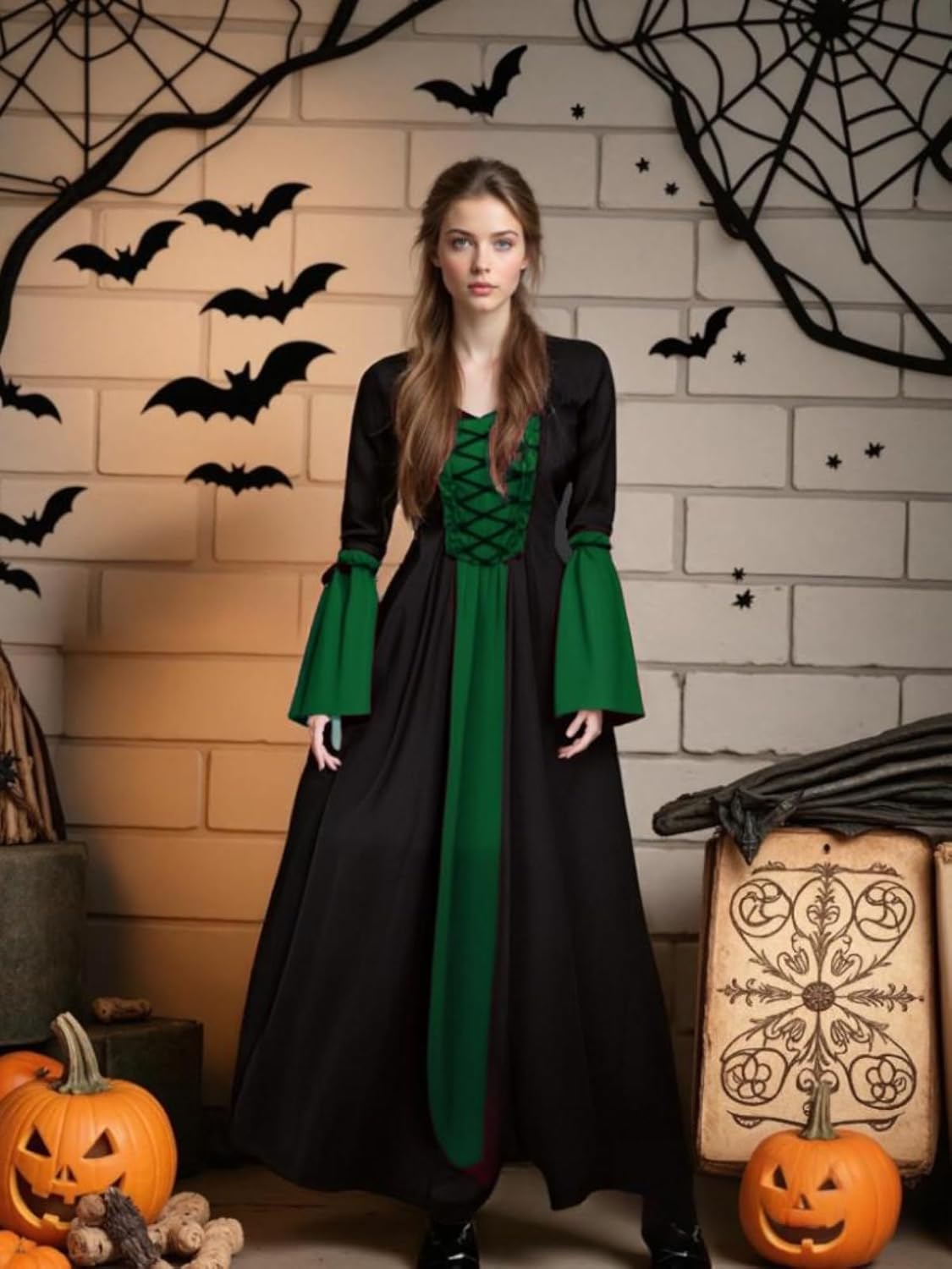 Womens Gothic Witch Dress, Halloween Lace Up Hooded Costume Medieval Vampire Sorceress Cosplay Dresses