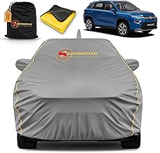 AUTOMOZEXO Toyota Hyryder Car Cover for All Weather Protection with Mirror & Antena Pocket Inner Cotton Layer Triple Stitched Waterproof Cover with Adjustable Belt Bottom Elastic to Secure Fit (Grey)