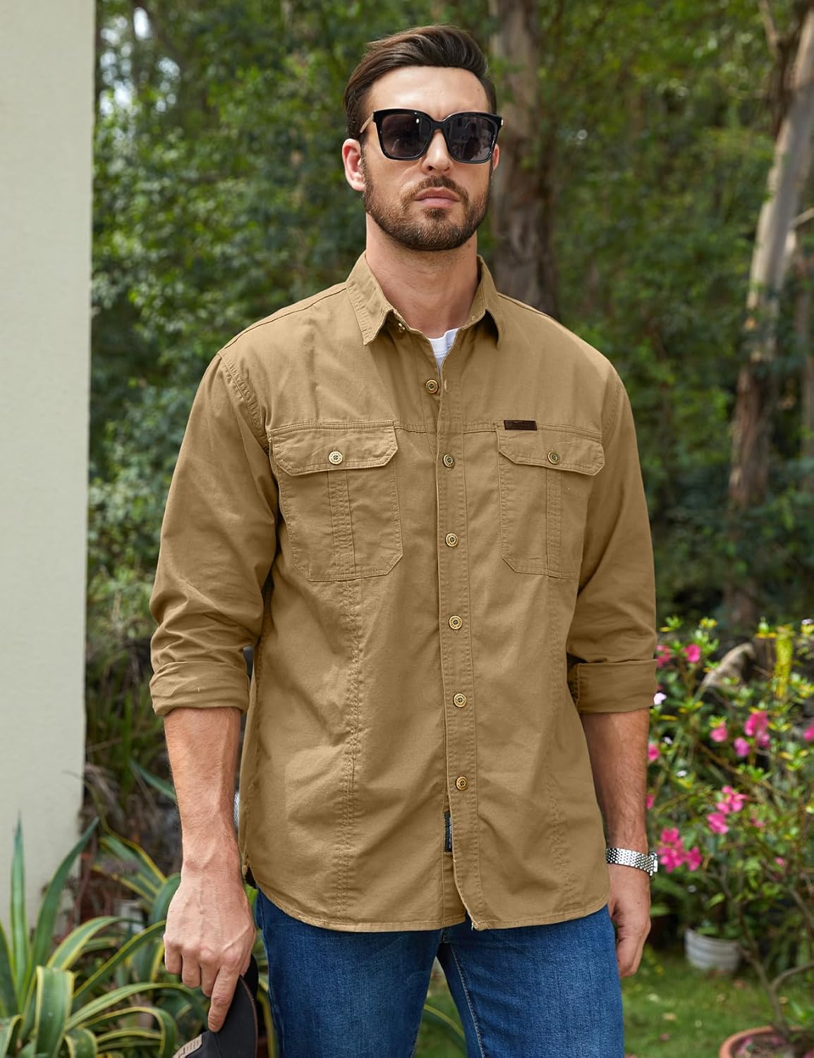 Eisctnd Men's Long Sleeve Work Shirt, Utility Cotton Button Down Cargo Shirts with Pockets for Casual Outdoor Safari - Image 4